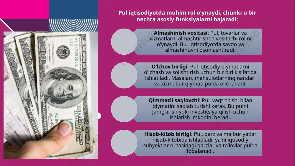 qiymati (masalan, 100 so‘m, 50 dollar) real iqtisodiy sharoitlar va narxlar o‘zgarishidan mustaqil bo‘ladi. iqtisodiy o‘zgarishlar tasirining inkor qilinishi: pulning qiymati faqat uning nominal qiymatiga bog‘liq, inflatsiya yoki deflyatsiya kabi iqtisodiy o‘zgarishlar pulning qiymatini o‘zgartirmaydi. pulning rolini yengillashtirish: pul, asosan, almashinish vositasi sifatida qaraladi, va uning qiymati iqtisodiy jarayonlardan ko‘ra ko‘proq tovarlar va xizmatlar orasidagi almashinuvda muhimdir. 8 9 9 pulning qiymati o‘zgarishi asosan inflatsiya, deflyatsiya, va boshqa iqtisodiy faktorlar bilan bog‘liq. bu o‘zgarishlar iqtisodiyotning umumiy holatiga, iste’molchilarning sotib olish qobiliyatiga, iqtisodiy qarorlar va investitsiyalarga katta ta’sir ko‘rsatadi. pulning qiymatining o‘zgarishi va uning iqtisodiyotga ta’siri quyidagicha bo‘lishi mumkin: inflatsiya: pulning qiymatining pasayishi va umumiy narxlar darajasining oshishi — bu inflyatsiyaning asosi. inflatsiya yuqori bo‘lganda, pulning sotib olish qobiliyati kamayadi, bu esa odamlar uchun tovarlar va xizmatlar narxining oshishini anglatadi. ta’siri: odamlar o‘z daromadlarining haqiqiy qiymatini yo‘qotadi, yashash xarajatlari oshadi. iste'molchilar kamroq tovarlar sotib olishadi, bu esa iqtisodiy o‘sishni pasaytirishi mumkin. …