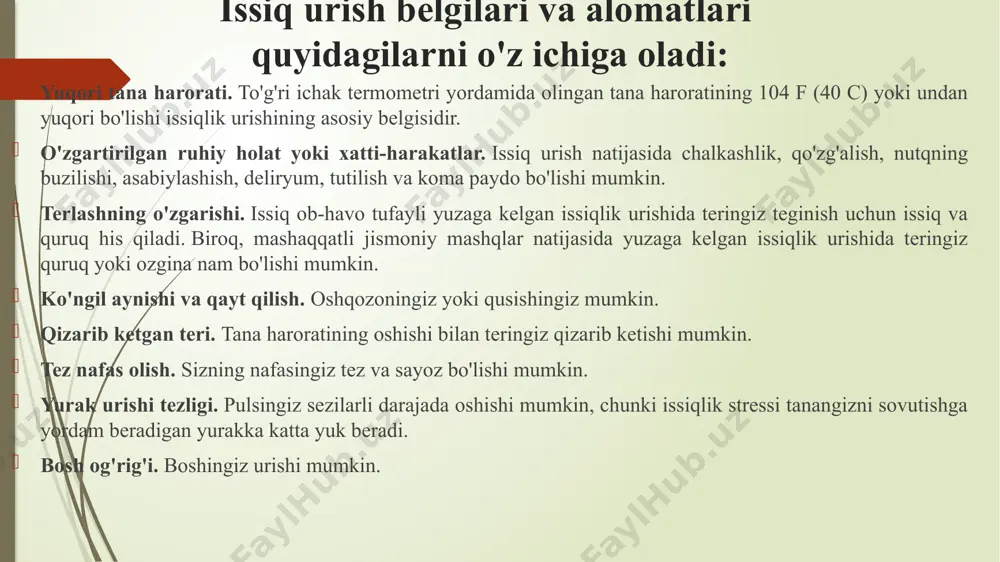 nlari konsentratsiyasi kamayadi. bolalarda gipertermik sindrom yaqqol namoyon boʻladigan belgilar bilan kechadi. tana harorati kritik koʻrsatkichlarga qadar koʻtariladi – 39,5 °c​ va undan yuqori. bola umumiy ahvoli ogʻirlashadi, holsizlik yoki kuchli qoʻzgʻaluvchanlik kelib chiqadi, bola ishtahasi yoʻqoladi, koʻpincha qayt qiladi. teri rangi kulrang tusga kiradi, “marmar tosh” kabi koʻrinishga kelib qoladi. avvaliga, teri qoplami issiq boʻladi, tana harorati uzoq muddat yuqori boʻlib turishi natijasida sovib ketadi, ayniqsa qoʻl va oyoqlarda bu aniq bilinadi. bola nafas olishi tezlashadi va yuzaki boʻladi. bolalarda gipertermik sindrom oqibati va profilaktikasi gemodinamika buzilishi taxikardiya, arterial bosim pasayishi, mikrosirkulyatsiyaning buzilishi koʻrinishida namoyon boʻladi. mikrosirkulyatsiyaning buzilishi miya shishiga sabab boʻladi va bu bolada sudorgi (talvasa), hush yoʻqolishi va gallyutsinatsiyalarga sabab boʻladi. ogʻir koʻrinishlarida bola xohlamagan holda peshob va najas ajralishi kuzatiladi. qorin sohasida qon tomirlar spazmi hisobiga ogʻriqlar paydo boʻlishi ham mumkin. 1 yoshgacha boʻlgan bolalarda gipertermik sindrom koʻpincha oʻpka shishi bilan asoratlanadi. oʻz vaqtida oʻtkazilgan davo …