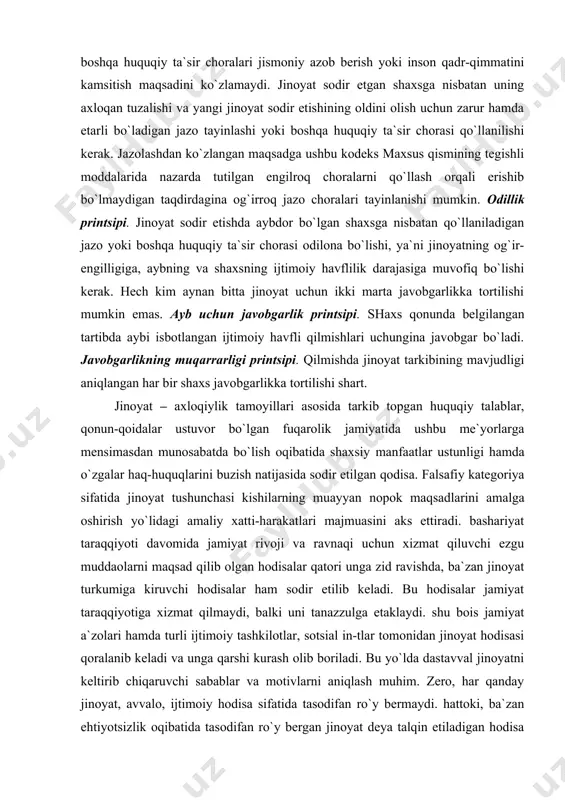 sida sodir etilgan qodisa. falsafiy kategoriya sifatida jinoyat tushunchasi kishilarning muayyan nopok maqsadlarini amalga oshirish yo`lidagi amaliy хatti-harakatlari majmuasini aks ettiradi. bashariyat taraqqiyoti davomida jamiyat rivoji va ravnaqi uchun хizmat qiluvchi ezgu muddaolarni maqsad qilib olgan hodisalar qatori unga zid ravishda, ba`zan jinoyat turkumiga kiruvchi hodisalar ham sodir etilib keladi. bu hodisalar jamiyat taraqqiyotiga хizmat qilmaydi, balki uni tanazzulga etaklaydi. shu bois jamiyat a`zolari hamda turli ijtimoiy tashkilotlar, sotsial in-tlar tomonidan jinoyat hodisasi qoralanib keladi va unga qarshi kurash olib boriladi. bu yo`lda dastavval jinoyatni keltirib chiqaruvchi sabablar va motivlarni aniqlash muhim. zero, har qanday jinoyat, avvalo, ijtimoiy hodisa sifatida tasodifan ro`y bermaydi. hattoki, ba`zan ehtiyotsizlik oqibatida tasodifan ro`y bergan jinoyat deya talqin etiladigan hodisa ham, aslida muayyan ijtimoiy ildizlarga bog`liq bo`ladi. shuning uchun bu hodisaning shart-sharoitlarga bog`liq sabablarini aniqlamasdan, unga qarshi kurash ko`zlangan samarani bermaydi. faqat shundan so`nggina turli usul va vositalar yordamida unga qarshi kurashish lozim bo`ladi. agar …