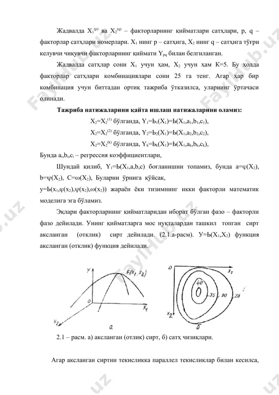 танлаш тадқиқодчининг интуицияси бўйича аниқланар эди. ҳозирги даврда тажриба ўтказиш схемасини тузиш, тажриба натижаларини таҳлил қилишда тажрибани режалаштириш деб аталган математик статистик усуллар қўлланилади. бунда тадқиқотчининг тажрибавий билимлари ҳам ҳисобга олинади. тажрибани режалаштиришда иккита масала ечилади: зарурий тажрибалар сонини аниқлаш, яъни режалаштириш матрицасини кўриш ва натижаларни қайта ишлашнинг математик усулларини танлаш. тажрибани режалаштириш матрицаси факторларнинг ҳар хил қийматлари ва тажриба натижаларидан тузилган жадвалдир. тажрибалар сони масаланинг моҳиятига қараб аниқланади. тажрибани бир факторли ва кўп факторли режалаштириш кўринишлари мавжуд. тажрибани бир факторли режалаштиришда факторларнинг чиқувчи кўрсаткичига таъсирлари навбат билан ўрганилади, яъни тажриба ўтказишда фақат битта факторнинг қиймати ўзгартирилиб, қолган факторлар ўзгармас деб қаралади. икки факторли тажрибани режалаштириш матрицаси 2.1 – жадвалда келтирилган. 2.1 - жадвал х2 фактор-нинг сатҳ-лари х1 факторнинг сатҳлари х1(1) х1(2) х1(3) х1(4) х1(5) х2(1) х2(2) х2(3) х2(4) х2(5) y11 y12 y13 y14 y15 y21 y22 y23 y24 y25 y31 y32 y33 y34 y35 y41 y42 y43 y44 y45 …