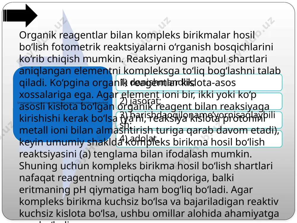 aroitlariga, xususan haroratga bog‘liq. kulgrenning ta’kidlashicha, xrom akvatuzlarining gidroliz darajasi harorat oshishi bilan ortadi. tahlilda turli xil erituvchilardan foydalanish uning imkoniyatlarini kengaytiradi, chunki moddalarning kimyoviy xossalari ularni turli erituvchilarda eritganda o‘zgarishi mumkin. bir erituvchini boshqasiga almashtirishda nafaqat muvozanat konstantalari (kislota-asos, oksidlanish — qaytarilish, komplekslanish, eruvchanlik va boshqalar) o‘zgaradi, balki suvda mavjud bo‘lgan kimyoviy birikmalar boshqa erituvchilar bilan almashtirilganda yo‘qolib ketishi mumkin va ularning o‘rniga yangi kislota-asos xossalariga ega bo‘lgan boshqa birikmalar yoki boshqa oksidlanish darajali yangi kompleks birikmalar paydo bo‘lishi mumkin. ma’lumki, suv kuchsiz amfoter elektrolitdir, uning dissotsiatsiyasi gidratlangan protonlar va gidroksil ionlarining bir xil konsentratsiyasini hosil qiladi. suv molekulalarini metall ionlari bilan koordinasiyalashda suvning dissotsiyalanishi kuchayadi, protonlar akvakomplekslarning ichki sohasidan chiqariladi va gidroksokomplekslar hosil bo‘ladi. natijada eritma kislotali xossalarga ega bo‘ladi. masalan, xrom va alyuminiy tuzlari eritmalarida shunday reaktsiyalar sodir bo‘ladi: bunday sxemalarga ko‘ra, kuchsiz asoslarni beradigan metall tuzlarining gidrolizi sodir bo‘ladi. suvli eritmadagi ammiak asosli xossalarga ega: ammiak …