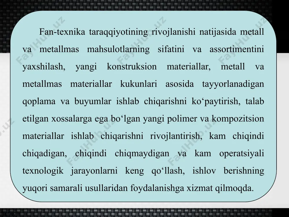 birikishidan hosil bo‘lgan mahsulotga kompozit material deyiladi. ular bir-biridan aniq chegara bilan ajralib turadi. kompozit materialning bir butunligini ta’minlovchi komponent (aralashma)ni tashkil etuvchiga bog‘lovchi material matritsa deb ataladi. matritsa bilan qo‘shimchalar orasida maxsus yupqa qatlam bo‘lib, u ajralish yuzasini belgilaydi (89-rasm). matritsa armatura, to‘ldiruvchi va boshqa qo‘shimchalarni tashqi muhit ta’siridan saqlaydi. to‘ldiruvchilar mayda kukun yoki tola holatida bo‘lishi mumkin. kompozit materiallar – oʻzaro uncha taʼsirlashmaydigan, komponent (aralashma)larning hajmiy birikishidan hosil boʻladigan va komponentlar bir-biridan aniq chegara bilan ajralib turadigan materiallardir. kompozit materiallar har qaysi komponentning eng yaxshi xossalari (mus - tahkamligi, yeyilishga chidamliligi, yengilligi va boshqalar)ni oʻzida mujassamlashtirganligi uchun ularning hech biriga xos boʻlmagan koʻrsatkichlar bilan ifodalanadi. odatda, kompozit materiallar plastik (metall yoki metallmas) asos yoki matritsa (bog‘lovchi material) hamda qoʻshilmalar: metall kukunlari, tolalar, yupqa payraha, gazlama va boshqalardan iborat boʻladi (90-rasm). kompozit materiallardan turli buyumlar tayyorlashda tanlangan xomashyo materiallari tarkibiga katta e’tibor qaratish lozim. chunki ularning biri metall, biri …