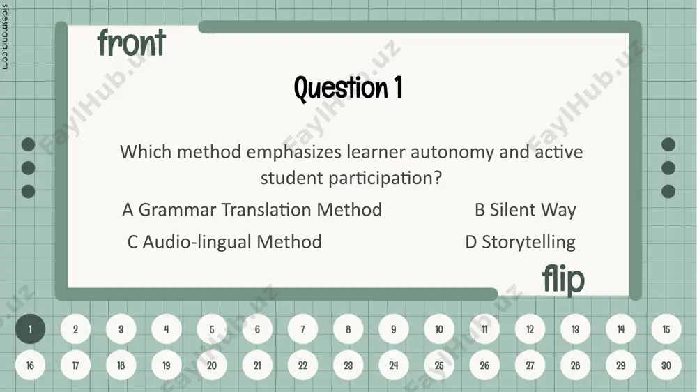 nt way emphasis is on: a morphology b methodology c syntax d phonology 10 front flip 1 2 3 4 5 6 7 8 9 10 11 12 13 14 15 16 17 18 19 20 21 22 23 24 25 26 27 28 29 30 question 11 silent way was created by ________ in the 70s. a galeb gattegno b michael o’malley c georgi lozanov d uhl chamot 11 front flip 1 2 3 4 5 6 7 8 9 10 11 12 13 14 15 16 17 18 19 20 21 22 23 24 25 26 27 28 29 30 question 12 what will the silent way method sound like? a the students remain silent b the classroom environment is always silent c the teacher is mostly silent and just facilitates d students mostly read and do not talk 12 front flip 1 2 3 4 5 6 …
