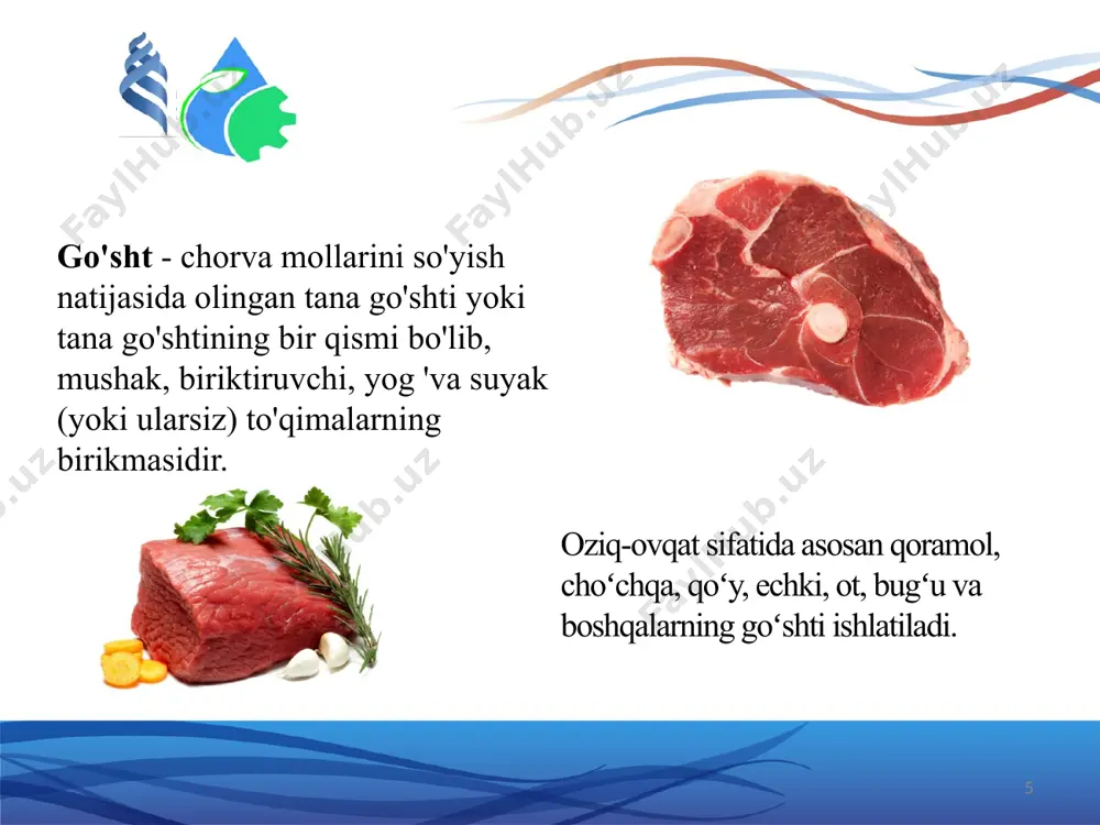 iqning tezroq belgilari paydo bo'ladi. 20 shilliq chirish 21 sovutilgan go'shtni uzoq muddatli saqlash paytida paydo bo'ladi shilinish belgilari . chirishi turli xil aerob, fakultativ va obligat anaerob bakteriyalar tomonidan sodir bo'ladi . 0 o c ga yaqin past saqlash haroratida chirishning qo'zg'atuvchisi asosan pseudomonas jinsining psikrofil bakteriyalaridir . chirish yuqori saqlash haroratida go'shtda mezofil chirishga qarshi bakteriyalar rivojlanadi : proteus tayoqchasi, kartoshka pichan guruhining tayoqchalari, klostridiyalar jarayonida oqsil molekulalari vayron bo'ladi va parchalanish mahsulotlari to'planadi: ammiak, vodorod sulfidi, fenol, skatol, indol, merkaptanlar, birlamchi aminlar, ular juda yoqimsiz hid va toksik xususiyatlarga ega. 22 kislota fermentatsiyasi odatda glikogenga (jigar, yurak) boy bo'lgan yon mahsulotlarda, kamroq mushak to'qimalarida rivojlanadi. mahsulot yoqimsiz nordon hid, kulrang yoki yashil rangga ega bo'ladi va matoning elastikligi pasayadi. kasallikning qo'zg'atuvchisi psixotrofik sut kislotasi bakteriyalari va achitqilar bo'lib , ular organik kislotalarni hosil qilish uchun uglevodlarni fermentlar. 23 24 kislota fermentatsiyasi pigmentatsiya go'sht yuzasida pigment hosil qiluvchi …