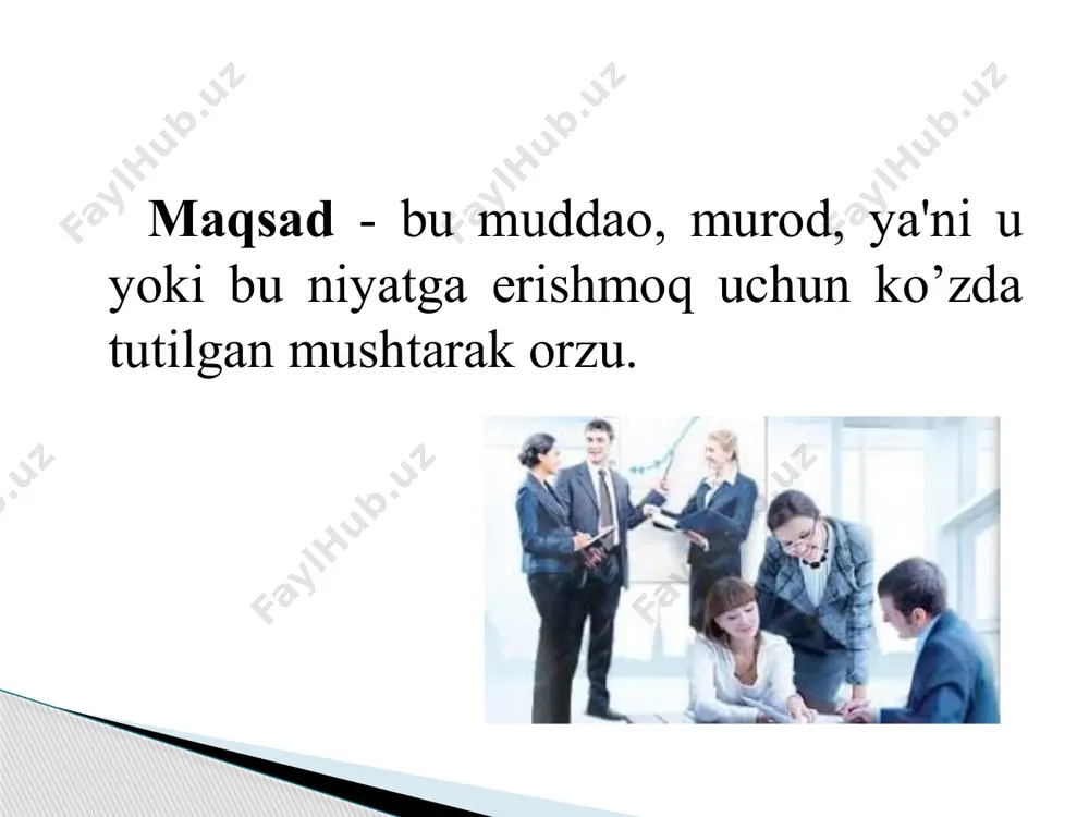 gan natijalarga qarab (pirovard maqsadlar); 6. murakkablik darajasiga qarab: - muammoli maqsadlar - innovatsion maqsadlar . joriy maqsadlar deganda bir yil ichida, yil choragi, bir oy va undan ham kamroq muddat mobaynida amalga oshiriladigan maqsadlar tushuniladi. istiqbolli (perspektiv) maqsadlar deganda besh yil yoki undan ko’proq davr mobaynida amalga oshiriladigan maqsadlar tushuniladi. uzluksiz maqsadlar deganda har kuni qabul qilinadigan va amalga oshiriladigan odatiy maqsadlar tushuniladi. masalan, mehnat unumdorligini o’stirish, intizomni mustahkamlash, mahsulot tannarxini pasaytirish, mahsulot sifatini oshirish kabilar muntazam, kunda talab qilinadigan maqsadlardir boshqarishga maqsadli yondoshuv namoyandalari barcha maqsadlarni quyidagi to’rtta guruhga bo’lishadi: - oddiy, qotib qolgan an'anaviy maqsadlar; - muammoli maqsadlar; - innovatsion maqsadlar; - xodimlar malakasini, mahoratini oshirish bo’yicha maqsadlar. "funksiya" -bu lotincha so’z bo’lib, biror kimsa yoki narsaning ish, faoliyat doirasi, vazifasi degan ma'nolarni bildiradi. "vazifa" - bu amalga oshirilishi, hal qilinishi lozim bo’lgan masala, o’rganilishi lozim bo’lgan, ko’zda tutilgan maqsad, yoki biror-bir topshiriq, xizmat, yumush, xizmat lavozimi, …