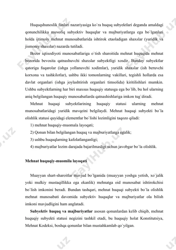judligini ham anglatadi. subyektiv huquq va majburiyatlar asosan qonunlardan kelib chiqib, mehnat huquqiy subyekti statusi negizini tashkil etadi, bu huquqiy holat konstitutsiya, mehnat kodeksi, boshqa qonunlar bilan mustahkamlab qo`yilgan. mehnat huquqi subyektlari huquqlari va majburiyatlarining kafolatlanganligi ular huquqiy statuslarni mustahkamlashga, mehnat-huquqiy munosabatlarni barqaror bo`lishiga imkon beradi. mehnat-huquqiy munosabat ishtirokchilarning javobgarligi shaxs yuridik statusini belgilashda katta ahamiyatga ega. mehnat-huquqiy muomala layoqati mazmunining muhim elementi – javobgarlik bo`lib, muomalaga layoqatsiz shaxsga javobgarlik yuklash mumkin emas. mehnat huquqiy status subyektlar mehnat huquqiy-muomala layoqati hajmi, mazmuni turli subyektlarda turlicha ekanligi bilan ajralib turadi. bundan shunday xulosa chiqishi mumkinki, subyektlar guruhining har birida ayrim guruhlar o`ziga xos statusga ega bo`lishi mumkin. masalan, mehnat huquqi subyekti sifatida fuqarolar tadbirkorlar (ish beruvchi fuqarolar) va yollanib ishlovchi fuqarolarga, yollanib ishlovchilar esa o`z navbatida ishchilar, injener-texnik xodimlar, rahbarlar, yosh bolali ayollar kabi o`z huquqiy statusiga ko`ra alohida mavqeiga ega bo`lgan toifalarga bo`linishi mumkin. mehnat jamoalari ham mehnatga oid munosabat …