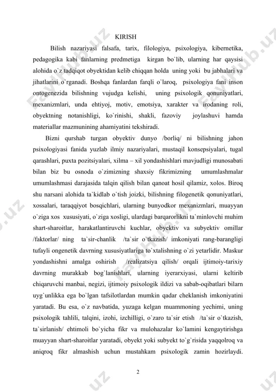 vbatida, yuzaga kelgan muammoning yechimi, uning psixologik tahlili, talqini, izohi, izchilligi, o`zaro ta`sir etish /ta`sir o`tkazish, ta`sirlanish/ ehtimoli bo`yicha fikr va mulohazalar ko`lamini kengaytirishga muayyan shart-sharoitlar yaratadi, obyekt yoki subyekt to`g`risida yaqqolroq va aniqroq fikr almashish uchun mustahkam psixologik zamin hozirlaydi. muammoning metodologik va ilmiy-nazariy talqinidan kelib chiqqan holda ushbu sahifalarda bilishning psixologik fazalari, bosqichlari, darajalari, ko`lami, kengligi, yaxlitligi, to`laligi, yaqinligi, yaqolligi, ifodalanish /aks etish imkoniyati/ /shakllari formasi. tiplari/, vositalari, barqarorligi, puxtaligi, mustaqilligi ijtimoiy psixologik mexanizmlari to`g`risida mulohoza yuritishga, ularni sharhlashga o`rin ajratiladi, binobarin, ontogenezda geteroxronlikka taalluqli ma`lumotlar tahlil qilinadi. xo`sh, insonning ontogenetik hayoti va faoliyatida bilish jarayonlarining funksiyasi qachondan boshlanadi, u qay tariqa rivojlanadi /asta-sekin, buzib-tuzatib, birdaniga, «insayt», sakrab-sakrab, bir tekis, dinamik va boshqacha shakllar orqali/, qanday yo`sinda takomillashadi /ichki imkoniyat, rezerv orqali yoki tashqi qo`zg`atuvchilar kuchi, quvvati, yangillik elementlariga serobligi, subyektiv va obyektiv omillarning ustunligi/, o`ziga xos mazmun /originallik, izchillik, mantiqiy uyg`unllik, o`zaro taqozochanllik imkoniyati/ hamda mohiyat /tub, …