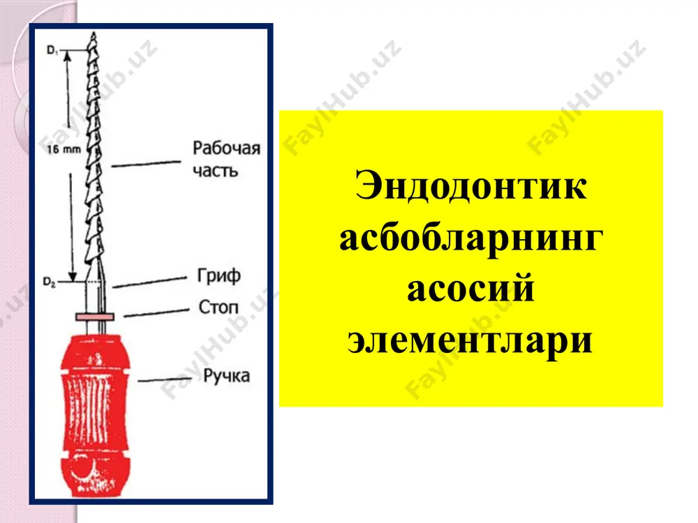 ercha shtiftlarning vertikal kondensatsiyasi uchun mo'ljallangan. heat-carrier (xit-kerrier, issiqlik o'tkazuvchi). ildiz kanalidagi guttapercha shtiftlarni qizdirish uchun ishlatiladi. buning uchun uni oldin spirtovka olovida qizdiriladi. gutta-condensor – zanglamas po'latdan tayyorlangan asbob. guttaperchani termo-mexanik kondensatsiyasi uchun ishlatiladi. e'tiboringiz uchun raxmat! image2.gif image3.gif image4.png image5.jpeg image6.jpeg image7.jpg image8.png image9.png image10.png image11.png image12.png image13.png image14.png image15.png image16.png image17.png image18.gif image19.png image20.png image21.png image22.png image23.jpeg image24.jpeg image25.jpeg image26.jpeg image27.jpeg image28.jpeg image29.jpeg image30.png image31.png image32.png image33.png image34.jpeg image35.jpeg image36.jpeg image37.jpeg image38.png image39.jpeg image40.jpeg image41.png image42.jpg image43.jpeg image44.jpeg image45.jpeg image46.jpeg image47.png image48.jpg image49.jpeg image50.png image51.jpeg image52.jpg image53.gif image54.png image55.png image56.jpeg image57.jpg image58.png image59.png image60.jpg image61.jpeg image62.gif image63.jpeg /docprops/thumbnail.jpeg