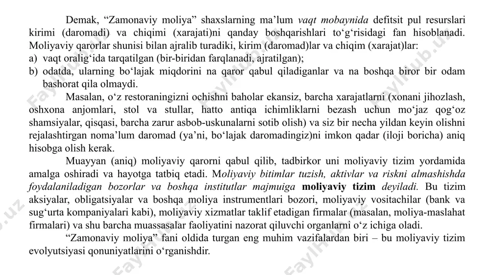unosabatlariga asoslangan har qanday jamiyat infratuzilmasining eng muhimqismi hisoblanadi. keng tarqalgan fikrga ko‘ra moliya institutlari ishini to‘g‘ri tashkil etish mamlakatning iqtisodiy o‘sishi va taraqqiyoti uchun puxta zamin yaratadi. biz, fuqaro sifatida, ko‘pincha siyosiy qarorlar qabul qilishimizga to‘g‘ri keladi. bu qarorlar, oxir oqibat, mamlakat moliyaviy tizimi ishiga o‘z ta’sirini ko‘rsatadi. masalan, depozitlarning hukumat tomonidan sug‘urtalanishiga qarshi chiqayotgan yoki fond bozoridagi bitimlar ustidan qat’iy nazorat o‘rnatishga chaqirayotgan siyosatchiga ovoz berish to‘g‘ri bo‘ladimi? agar shunday qilinsa, buning oqibati nimalarga olib kelishi mumkin? e’tiboringiz uchun rahmat! image1.png /docprops/thumbnail.jpeg