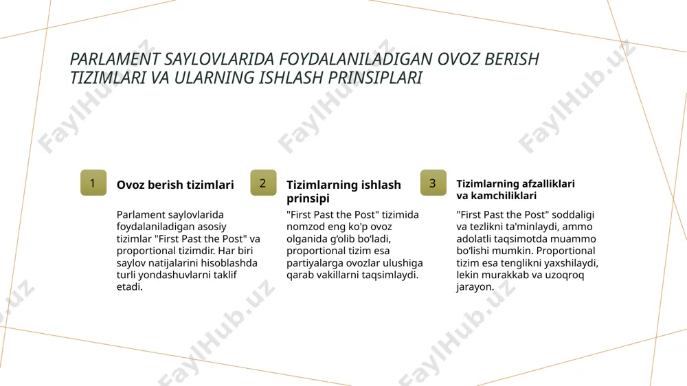 saylovlarida adolat va samaradorlikni ta'minlash uchun taklif etilayotgan o'zgarishlar 1 adolatli saylovlar - saylovlarda adolatni ta'minlash uchun saylov qonunchiligi va nazorat mexanizmlarini kuchaytirish, shuningdek, siyosiy raqobatni adolatli tashkil etish muhimdir. 2 samaradorlikni oshirish - saylov tizimining samaradorligini ta'minlash uchun elektron ovoz berish imkoniyatlari, saylov jarayonining shaffofligini kuchaytirish va ishtirokchilarni rag'batlantirish kerak. 3 yangi islohotlar uchun takliflar - ovoz berish tizimini rivojlantirish va muammolarni bartaraf etish uchun qonunchilikda yangilanishlar kiritish, saylov jarayonini yanada adolatli qilish muhimdir. britaniya saylov tizimining muhim muammolari va ularning tarixiy ildizlari 01 saylov tizimining muammolari buyuk britaniyada saylov tizimlari adolat va samaradorlik muammolariga duch kelmoqda. muayyan guruhlar yoki partiyalar ovozlarining taqdim etilishi bilan bog'liq muammolar mavjud. 02 tarixiy ildizlar bu muammolar tarixiy rivojlanish jarayonida shakllangan, ayniqsa first past the post tizimining yaratilishi va uning siyosiy ta'siri bilan bog‘liq. 03 ovoz berishdagi nodavlatlik ba'zan saylov natijalari haqiqiy xalq fikrini aks ettirmaydi, chunki yirik partiyalar o'zaro raqobat va tizimdagi …