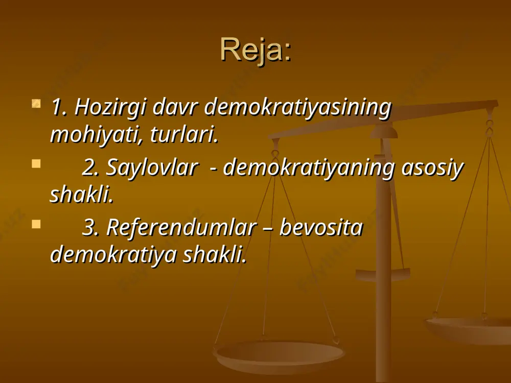 imoya qilish va shaxsni hurmat qilish milliy madaniyatimizni, suveren davlatchiligimizni mustahkamlaydi. o‘zbekistonda sharqona madaniyatga xos bo‘lgan oilani har tomonlama qo‘llab-quvvatlash doimo eng insonparvar qadriyatlardan hisoblangan. azal-azaldan xalqimiz uchun muqaddas bo‘lmish oila hayotimiz tayanchi va suyanchi, jamiyatimizning hal qiluvchi asosiy bo‘g‘ini bo‘lgan. barcha davlat organlari konstitutsiya doirasida shakllangan va amal qilmoqda. parlament va prezident saylovlari hamda mahalliy saylovlar buni yaqqol ko‘rsatdi. demokratik erkin saylovlar orqali mamlakatning saylov korpusi tomonidan davlat hokimiyati bu darajada legitimatsiya qilinishi o‘zbekiston tarixida hali bo‘lmagan. demokratik jamiyatga o‘tish а. капиталистик муносабатлар б. тоталитаризм ҳукмронлиги в. диктатура ҳукмронлиги ўтиш оралиғи демократик жамият давлат ҳокимиятининг бир гуруҳ ҳукмрон доираларининг бошқаруви, саноат ишлаб чиқаришнинг ривожланишга устуворлик, хусусий мулкнинг бир гуруҳ кишила қўлида тўлалигича, омманинг улар манфаатларига хизмат қилишга йўналтирилганлиги ижтимоий синф ёҳуд маълум гуруҳнинг якка ҳокимлигининг таъминланганлиги, жамият ҳаётининг барча соҳаларда давлат ҳукмронлигининг ўрнатилганлиги, халқ манфаатларининг давлат манфаатларига бўйсундирилган лиги ҳарбийларнинг ёҳуд зўравон кучларнинг давлат ҳокимиятини ўз қўлига олиши ва …
