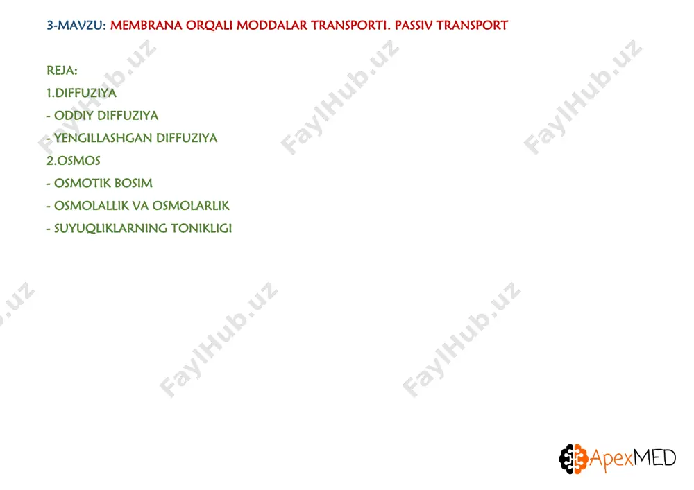 . ularning borligi suv va suvda eruvchan moddalarning diffuziyasini ta’minlaydi. oqsil kanallar quyidagi xarakteristikalarga ega: (fig. 1.3 – 1)  selektiv o’tkazuvchanlik  darvoza mexanizmi oqsil kanallarining selektiv o’tkazuvchanligi. ushbu kanallar yuqori selektiv hisoblanadi. bu ularning diametric, shakli va elektr zaryad turiga bog’liq. quyidagilar misol bo’ladi: 1. na + kanallari faqat shu ionni o’tkazishga ixtisoslashgan bo’lib, 0.3-0.5 nm o’lchamga ega va ularning ichki yuzasi kuchli manfiy zaryadlangan. (fig. 1.3-2 ) 2. k+ kanallari faqat kaliy o’tishini ta’minlaydi. o’lchami 0.3 nm va ichkari manfiy zaryadlanmagan. oqsil kanallarning darvoza mexanizmi. ba’zi oqsil kanallari doimiy ochiq turadi. ammo bazilari vaqtincha ochiladigan darvozalarga ega. darvozalarning ochilishi va yopilishi quyidagi prinsplarga ko’ra kichadi. 1. voltaj – darvozali kanallar. bular membranadagi potensiallarga javob beradigan kanal hisoblanadi. agar na + kanallari ichidagi manfiylik yo’qolsa, ular ochiladi va na + ni ichkariga oqimi yuzaga keladi. (fig. 1.3-2) 2. ligand darvozali kanallar. bunda darvoza oqsillariga qachonki biror kimyoviy molekula …
