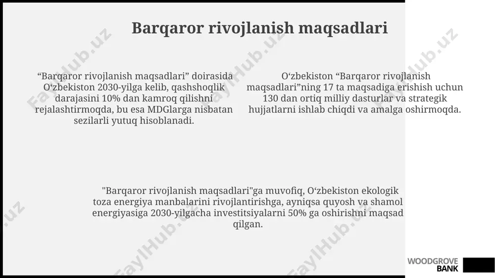 рини ривожлантиришга хизмат қилди. ўзбекистон 2022 йилда яим ўсиши 7,4% ни ташкил этди, бу иқтисодий ислоҳотларнинг муваффақиятли амалга оширилишини кўрсатади. woodgrove bank o'zbekiston iqtisodiyoti: umumiy nuqtai oʻzbekistonning tashqi savdo aylanmasi 2023 yilning birinchi choragida 20 milliard aqsh dollaridan oshdi, eksport hajmining oʻsishi kuzatildi. oʻzbekiston iqtisodiyoti 2022-yilda 7% ga yaqin oʻsish sur’atini namoyon etdi, bu asosan xizmat koʻrsatish va sanoat sektorlarining yaxshilanishi bilan bogʻliq. mamlakatning yalpi ichki mahsuloti (yaim) tarkibida qishloq xoʻjaligi taxminan 18% ni tashkil etadi, bu oziq-ovqat xavfsizligini ta’minlashda muhim rol oʻynaydi. woodgrove bank xususiy sektorning rivojlanishi xususiy sektor ish o'rinlarining 70% dan ortig'ini ta'minlaydi, bu aholi bandligini ta'minlashdagi muhim ahamiyatini ko'rsatadi. 2018-2022 yillar oralig'ida xususiy sektor korxonalarining soni 25% ga o'sdi, bu sohada dinamik rivojlanishni aks ettiradi. xususiy sektorning yalpi ichki mahsulotga (yaim) qo'shgan hissasi 2022 yilda 58%ni tashkil etdi, bu iqtisodiyotdagi muhim rolini ko'rsatadi. woodgrove bank e'tiboringiz uchun rahmat @taqdimot_robot woodgrove bank