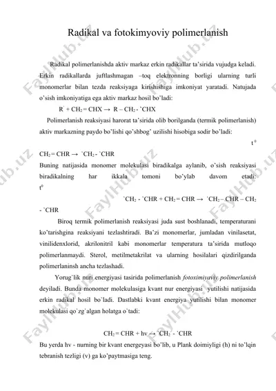 radikal va fotokimyoviy polimerlanish — DOC