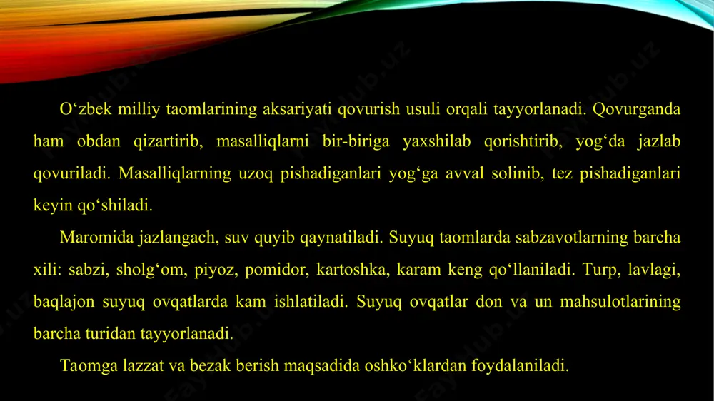 adi. sabzini suvda pishirish, qovurish, yopish yoki xomligicha ham isteʼmol qilish mumkin. sabzi 87 foiz suvdan iborat. sabzi deyarli 2000 yildan beri yetishtirilar ekan. tarixchilar sabzini dastlab аfg‘onistondan kelgan deb hisoblashadi. uning xushbo‘y barglari va urug‘idan taom va shifobaxsh giyohlar tayyorlashda ishlatilgan. gretsiyada sabzi barglaridan saraton kasalligini davolashda foydalanishgan. dastlabki sabzilar siyohrang, oq, sariq, qizil va qora rangda bo‘lgan ekan. barchamiz ko‘nikib qolgan xushbo‘y hidli qizg‘ishrang sabzi gollandiya olimlari tomonidan ixtiro qilingan. eng uzun sabzi janubiy uelsda yetishtirilgan. uning uzunligi 5,84 metr bo‘lib, ginnesning rekordlar kitobiga kiritilgan. eng og‘ir sabzi 8,61 kilogramm bo‘lib, 1988-yilda аlyaskada yetishtirilgan.