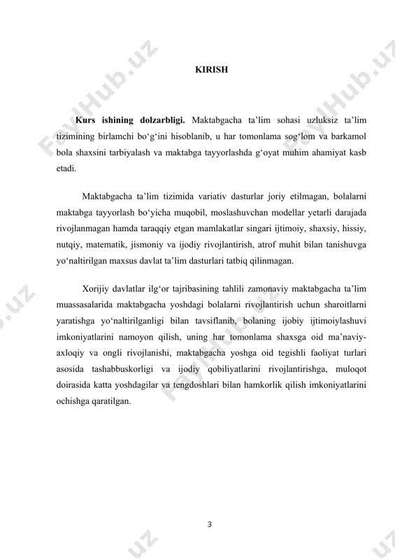 viy maktabgacha ta’lim muassasalarida maktabgacha yoshdagi bolalarni rivojlantirish uchun sharoitlarni yaratishga yo‘naltirilganligi bilan tavsiflanib, bolaning ijobiy ijtimoiylashuvi imkoniyatlarini namoyon qilish, uning har tomonlama shaxsga oid ma’naviy-axloqiy va ongli rivojlanishi, maktabgacha yoshga oid tegishli faoliyat turlari asosida tashabbuskorligi va ijodiy qobiliyatlarini rivojlantirishga, muloqot doirasida katta yoshdagilar va tengdoshlari bilan hamkorlik qilish imkoniyatlar . kurs ishining maqsadi: k.d.ushinskiyning maktabgacha tarbiya to’g’risidagi qarashlari bilan tanishish ishning vazifasi: o’rganilayotgan mavzu mazmunini ochib beruvchi adabiyotlarni o’rganish. kurs ishining ob’yekti. maktabgacha ta’lim tashkilotlari. kurs ishining predmeti. maktabgacha ta’lim xodimlarining kasbiy mahoratlarini takomillashtirish yo’llari. kurs ishining tuzilishi. kirish, bob, mundarija va foydalanilgan adabiyotlar. i bob k.d.ushinskiyning hayoti va "tarbiyasi xalqchilik" g’оyasi. 1.1. k.d.ushinskiy hayoti “ tarbiyaviy xalqchilik ”g'oyasi konstantin dmitriyevich ushinskiy [1824.19.2(2.3), tula 1870.22.12 (1871.3.1), odessa, kiyevda dafn etilgan] — rus klassik pedagogi, rossiyada ilmiy pedagogika va xalq maktabi asoschisi. moskva universitetining yuridik fakultetini tugatgan (1844). rossiyadagi turli maorif shoxobchalarida, jurnallarda ishlagan. k.d.ushinskiy 2-martda tula shahrida kambag'al …