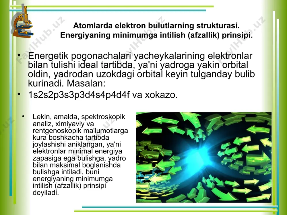 .2) turtinchi energetik pogonada ikkita pogonacha (n=4,l=0.1.2.3) har qaysi energetik pogonadagi elektronlar soni 2n2 bilan pogonachadagi elektronlarning maksimal kiymati esa (2l+1)*2 bilan aniklanadi. u vaktda elektronlarning maksimal kiymatlari: s=2: p=6: d=10: f=14 ga teng. 3. magnit kvant son - m-elektronlarning magnit momentini xarakterlaydi va eelektron bulutning magnit maydoniga nisbatan yunalishini kursatadi. magnit kvant soni butun sonlarni musbat va manfiy kiymatlarini xamda nolni, ya'ni orbital kvant sonining xam musbat xam manfiy kiymatlarini kabul kiladi. masalan, l=0 m=0 bitta qiymat l=1 m=+1, 0,-1 uchta qiymat l=2 m=+2,+1, 0,-1,-2 beshta qiymat l=3 m=3,+2,+1, 0, -1,-2,-3 yettita qiymat magnit kvant soni magnit kvant sonining kiymati, bu ayni elektron pogonachaga tugri keladigan energetik xolatlar soni bulib u (2l+1) kiymatga ega. demak, s-pogonachadagi bitta, r-pogonachadagi uchta, d pogonachada 5 ta, f-pogonachada 7 ta energetik xolat buladi. energetik xolatni energetik yacheyka bilan, elektronlarni yacheykadagi strelkalar () bilan ifodalash kabul kilingan. energetik yacheyka sxematik tugri turtburchak  orkali …