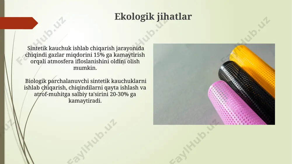 ir qiladi. sintetik kauchuk nima? sintetik kauchukning asosiy afzalliklari uning narxining arzonligi va turli xil xossalarga ega bo'lish imkoniyatidir, masalan, 300°c gacha bardoshliligi yoki yuqori aşınmaya chidamlilik. sintetik kauchuk — bu tabiiy kauchukka o'xshash xossalarga ega, ammo kimyoviy yo'l bilan sintetik ravishda ishlab chiqariladigan polimerdir, uning yillik ishlab chiqarish hajmi 12 million tonnadan oshadi. tabiiy va sintetik kauchukning muqayyasal tahlili tabiiy kauchukning molekulyar massasi 100,000 dan 1,000,000 gacha bo'lib, sintetik kauchuklarda bu ko'rsatkich turlicha va ishlab chiqarish texnologiyasiga bog'liq. tabiiy kauchuk 100% izopren monomeridan iborat bo'lsa, sintetik kauchuklar turli monomerlar, masalan, butadiene, styrene, isopren va boshqalarning polimerizatsiyasi natijasida hosil bo'ladi. e'tiboringiz uchun rahmat @taqdimot_robot image1.jpg image2.jpg image3.jpg image4.jpg image5.jpg image6.jpg image7.jpg image8.jpg image9.jpg image10.jpg image11.jpg image12.jpg