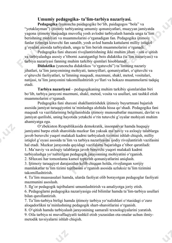 . pedagogik hodisa, voqelik va ularning qonuniyatlarilarni aniqlashga bunday yondashuv pedagogik hodisa va jarayondlarning umumiy aloqasi, ularning izchil, uzluksiz rivojlanishi, bolaning fiziologik rivoji uning psixologik, intellektual jihatdan takomilashtirib borishini ta’minlashi, harama-harshiliklarning shaxs kamolotini ta’minlashdagi o’rni va roli, shuningdek, dialektika kategoriyalarining ahamiyatini e’tirof etadi. pedagogik ilmiy tadqiqotlarni amalga oshirish murakkab, muayyan muddatni taqozo etuvchi, izchillik, uzluksizlik, tizimlilik hamda aniq maqsad kabi xususiyatlarga ega bo’lgan jarayon bo’lib, uning samarali bo’lishi uchun bir qator shartlarga rioya etish zarur. ular quyidagilardir: 1) muammoning dolzarbligi va mavzuning aniq belgilanganligi; 2) ilmiy farazlarning to’g’ri shakllantirilganligi; 3) vazifalarning tadqiqot maqsadi asosida to’g’ri belgilanganligi; 4) tadqiqot metodlar tizimiga nisbatan ob’ektiv yondashuv; 5) tajriba-sinov ishlari jarayoniga jalb etiluvchi respondentlarning yosh, psixologik va shaxsiy xususiyatlari, shuningdek, shaxs rivojlanishi qonuniyatlarining to’g’ri hisobga olinganligi; 6) tadqiqot natijalarini oldindan tashhislash va uning natijalarini bashoratlash; 7) tadqiqot natijalarining kafolatlanganligi. zamonaviy sharoitda pedagogik yo’nalishda tadqiqotlarni olib borishda quyidagi metodlardan foydalanilmoqda: 1. pedagogik kuzatish metodi. 1. …