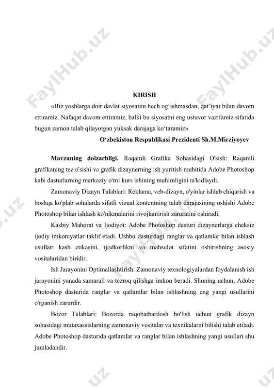 axsus effektlar yaratishning yo‘llari bilan tanishish. kurs ishining ob’ekti: ta’lim tizimida “kompyuter grafikasi va vizuallashtirish” fanini o‘qitish jarayoni. kurs ishining predmeti: ta’lim tizimida adobe photoshop dasturida grafik obyektlarda asosiy tushunchalari ranglar va qatlamlar bilan ishlash va maxsus effektlar yaratishning yo‘llari bilan tanishish va ulardan foydalanish. kurs ishining vazifasi: adobe photoshop dasturida grafik obyektlarda ranglar va qatlamlar bilan ishlash va maxsus effektlar yaratishning yo‘llari bilan tanishishning maqsad va vazifalari: · adobe photoshop dasturi haqida adabiyotlar to‘plash. · ta’lim tizimida kompyuter grafikasi fanidan materiallar to‘plash va tahlil qilish. · adobe photoshop dasturi va imkoniyatlari bilan tanishish. · adobe photoshop dasturi imkoniyatlaridan foydalanib grafik obyektlarda ranglar va qatlamlar bilan ishlash va maxsus effektlar yaratishning yangi yo‘llari o‘rganish. kurs ishi tuzilishi va hajmi. kurs ishi kirish, ikki bob, to‘rt paragraf, xulosa, foydalanilgan adabiyotlar ro‘yxatidan iborat. i bob. adobe photoshop dasturida ranglar va qatlamlar 1.1. grafik obyektlarda ranglar va qatlamlar bilan ishlash adobe photoshop cs5 …