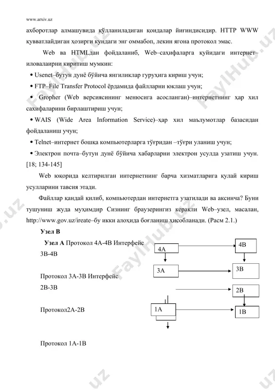 фойдалана бошлаган. 3. “клиент–сервер” ва браузер архитектураси web “клиент–сервер” архитектурасидан фойдаланади. бу web сервер дастурий таъминоти билан ишлайдиган компьютерлар мавжудлигини англатади. кўпчилик фойдаланувчилар web–сервердан ахборот олиб ишлайдиган web–браузерлар билан ишлашга ҳоҳиш билдирадилар. web–серверлар дунё бўйича фойдаланувчиларни керакли ахборотлар билан таъминлайди; бошқа web–серверлар билан алоқа қилади; зарур статистик маълумотларга эга бўлади. ҳозирги вақтда интернетда бир-бирлари билан ҳамиша мулоқот қилиб турадиган 250000 га яқин web–серверлар мавжуд. ҳар бир web–сервер барча протоколларга ва интернет тугунларига тегишли ахборотларга эгадир. web–серверда бундан ташқари ҳужжатлар, дастурлар ва бошқа ахборотлар сақланадиган жой адреслари тўғрисидаги маълумотлар ҳам сақланади. фараз қилайлик, сиз браузер (vetcape)га http//www.microsoft.com /mics/shortcuts.htm1га ўтиш кераклигини айтасиз. web–сервер netscapeдан қилган интерпретация (таржима) қилади, кейин (директорий–misc ва унда жойлашган ҳужжат shortcuts.html ни топади ва ҳужжатдаги маълумотни сизнинг компьютерингизга тақдим этади. netscape ахборотни қабул қилгач, ҳужжатда жойлашган файл кодини cиз кўриб турган экранга узатади. компьютер–сервер ва компьютер–мижоз ўртасидаги функцияларни ажратишда энг кўп типик вариантлар қуйидагилар, (расм2.3): 1. тақсимланган тақдимот. …
