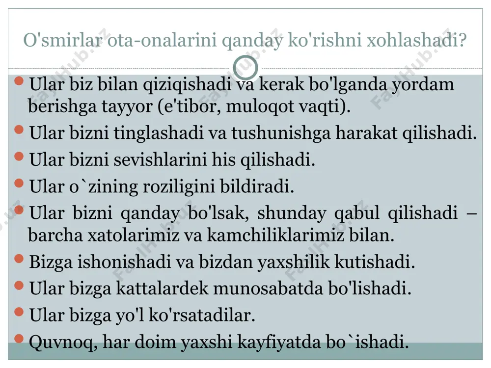magiga qattiq cheklovlar qo'ymang. hissiy portlashlarga tajovuzkor munosabatda bo'lmang. agar kerak bo'lsa, o'z pozitsiyangizda turishga tayyor bo'ling ota-onalar uchun tarbiya bo'yicha 10 ta ta'lim bolaga siz emas, balki o'zi bo'lishga yordam bering. boladan u uchun qilgan barcha ishlaringiz uchun haq talab qilmang. farzandingizga hafagarchiliklaringizni bildirmang. uning muammolariga past nazar bilan qaramang. kamsitmang! shuni unutmangki, insonning eng muhim uchrashuvlari uning bolalar bilan uchrashuvlari. ularga ko'proq e'tibor. agar bolangiz uchun biror narsa qila olmasangiz, o'zingizni qiynamang. bola bu hayotda sizga ijodiy olovni saqlash va rivojlantirish uchun bergan qimmatbaho ne‘mat. farzandingizni har qanday odam bo`lsa ham seving. u bilan muloqot qilishdan – xursand bo'ling. януш корчак