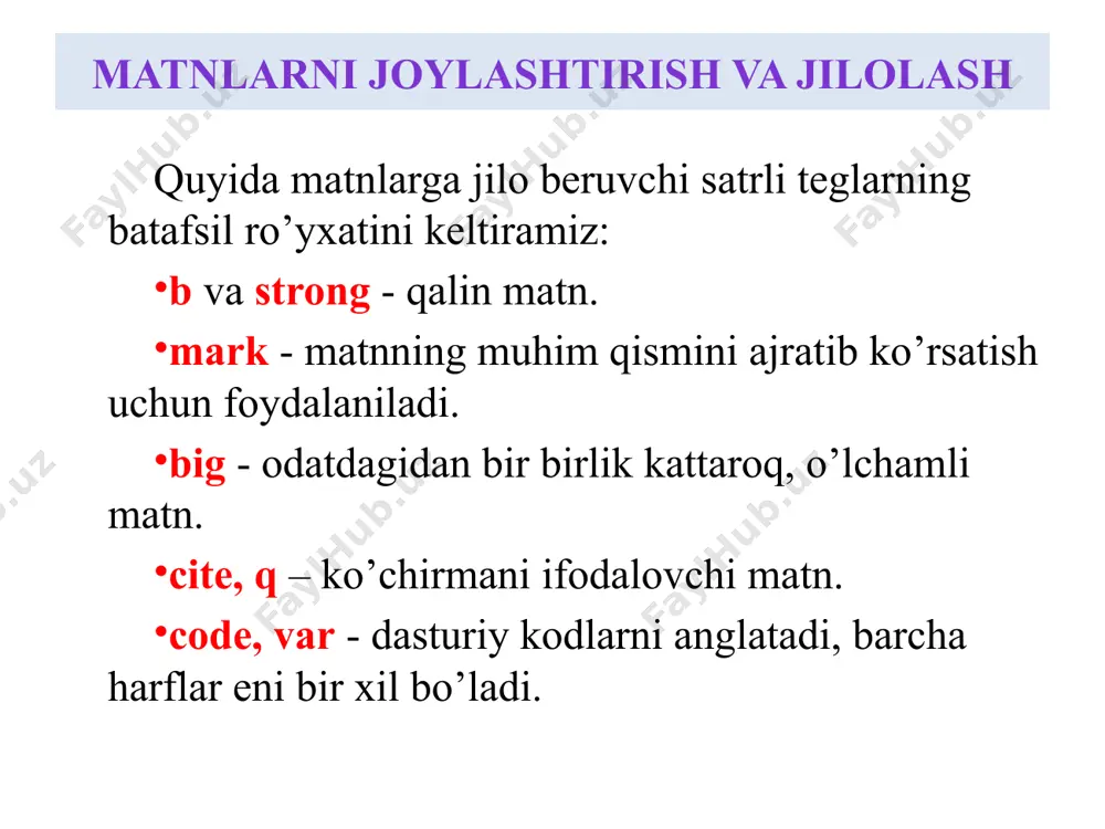 ga ega emas, agar u ko’rsatilsa, raqamlashni teskaridan kamayish tartibida akslantiradi. masalan 1, 2, 3 o’rniga 3, 2, 1. ro’yxatlar matnlarni joylashtirish va jilolash ro’yxatlar matnlarni joylashtirish va jilolash belgilangan ro’yxat ro’yxatlarda har doim ham tartib raqamini ko’rsatish zarur bo’lavermaydi. sanab o’tilayotgan elementlarning barchasi bir xilda ahamiyatga ega bo’lsa ularni xatboshidan ajratib ko’rsatish kerak bo’lgan hollarda belgilangan ro’yxatdan foydalaniladi. uning sintaksisi quyidagicha: ro’yxatlar matnlarni joylashtirish va jilolash bunda type ro’yxat qanday belgi bilan ko’rsatilishini aniqlaydi: disc — doira; circle — aylana; square — kvadrat maydoncha. ro’yxatlar matnlarni joylashtirish va jilolash izohli ro’yxat. izohli ro’yxat asosan atamalar va ularni tavsiflash uchun qo’llaniladi. ro’yxat dl tegi yordamida yaratiladi. nomlanish dt tegi bilan beriladi, unga izoh esa dd yordamida ifodalanadi. ushbu uchala teg alohida alomatlarga ega emas. ro’yxatlar misol firefox eng qulay brauzer chrome eng tezkor brouzer matnlarni joylashtirish va jilolash izohi yashirin ro’yxat ko’p hollarda sarlavhalarning o’zini ro’yxat sifatida keltirish kifoya bo’ladi, …