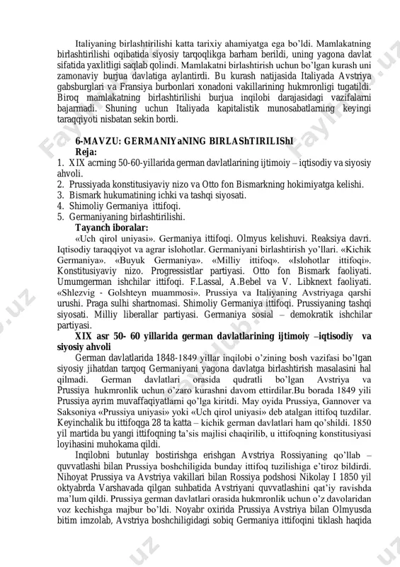 piy ix ga tegishli ekanligi, modena, parma va toskana gersogliklaridan qo’vg’in qilingan gabsburglar honadoni vakillarining hokimiyati tiklanganligi e’lon qilindi. villafrankadagi kelishuv bitimi italiya xalqining norozilik harakatlarini yangidan ko’tarilishiga sabab bo’ldi. xalqning viktor emmanuil ii hukumatiga bo’lgan ishonchi yo’qoldi. 1859 yilning oxiri va ayniqsa 1860 yilda appenin yarim orolida siyosiy kurash avj olishi natijasida modena, parma va toskanada avvalgi gersoglar hokimiyatini tiklash imkoni bo’lmadi. u yerlarda umumiy saylov asosida saylangan milliy majlislar mazkur gersogliklarni pyemontga qo’shilishi haqida qaror chiqardilar, papa viloyatida ham shunday qarorga kelindi. italiya hududida avj olib ketgan ommaviy inqilobiy harakatlarni bostirish imkoniyatiga ega bo’lmagan napoleon iii ham italiya davlatlarini pyemont atrofida birlashtirilishiga rozilik bildirishga majbur bo’lib, va’da qilingan savoiya va nissa viloyatlarini fransiyaga berilishini talab qildi. shu yili bu ikki viloyat fransiya ixtiyoriga berildi. italiyaning birlashtirilishi yarim orolning shimolida boshlangan xalq harakati janubiy viloyatlarga ham tarqaldi. 1860 yilning oxirida italiyaning janubidagi palermo shahrida qo’zg’olon ko’tarildi. biroq qo’zg’olon sisiliya …