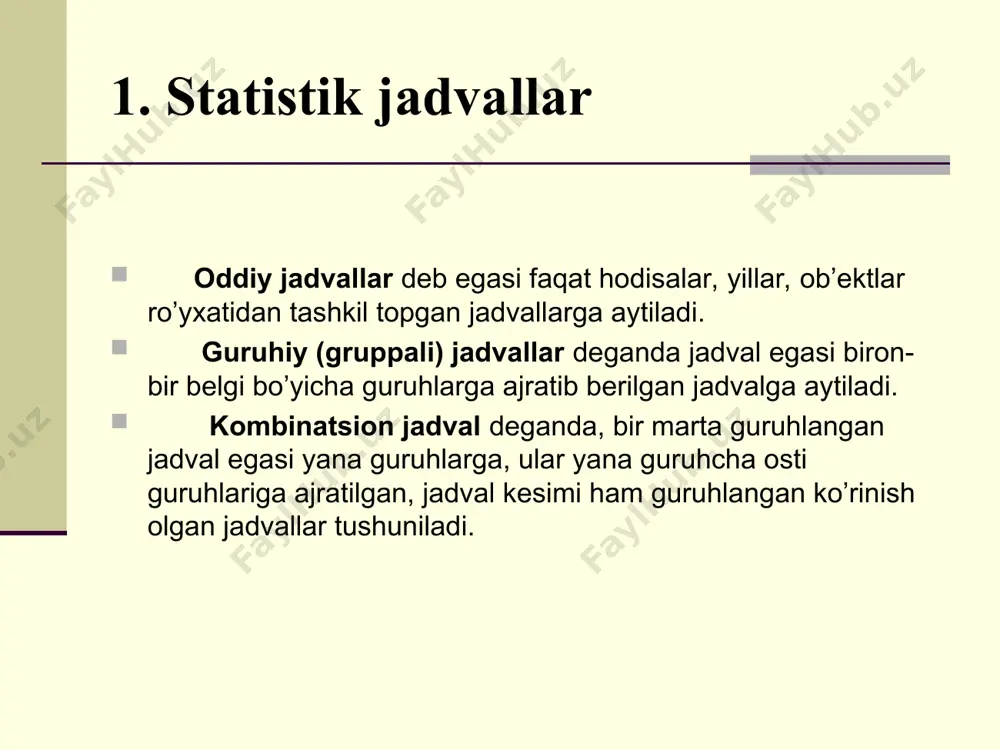 ishida bo’ladi, lekin koordinata o’qlari turlicha bo’ladi. ya’ni abstsissa o’qida chastotalar yig’indisi, ordinata o’qida esa variatsion qator darajalari ifodalanadi. iqtisodiy hodisa va jarayonlarni tavsiflovchi statistik ma’lumotlarni diagrammalardan farqli statistika xaritalarida ham tasvirlash mumkin. statistika xaritalari – grafik tasvirlash shakllaridan biri bo’lib, statistik ma’lumotlarni hududlar bo’yicha joylanishini chizmali geografik xaritalarda ifodalanishidir. hududlar bo’yicha tasvirlash vositasi bo’lib shtrixli chiziqlar, fonli bo’yash yoki geometrik shakllar hisoblanadi. 2. statistik grafiklar statistika xaritalarining ikki shakli mavjud: xaritagramma, xaritadiagramma. xaritagramma – bu sxematik geografik xarita bo’lib, xaritada tasvirlangan hududlarni ularga tegishli hodisa va jarayonlar xususiyati, sifat yoki miqdor ko’rsatkichi bo’yicha shtrixli nuqta yoki chiziqlar, turli xil ranglar orqali tasvirlashdir. xaritalarning yana bir turi xaritadiagrammalardir. u geografik xaritalardagi hududlar hodisalarini diagrammalarda tasvirlash orqali hosil qilinadi.