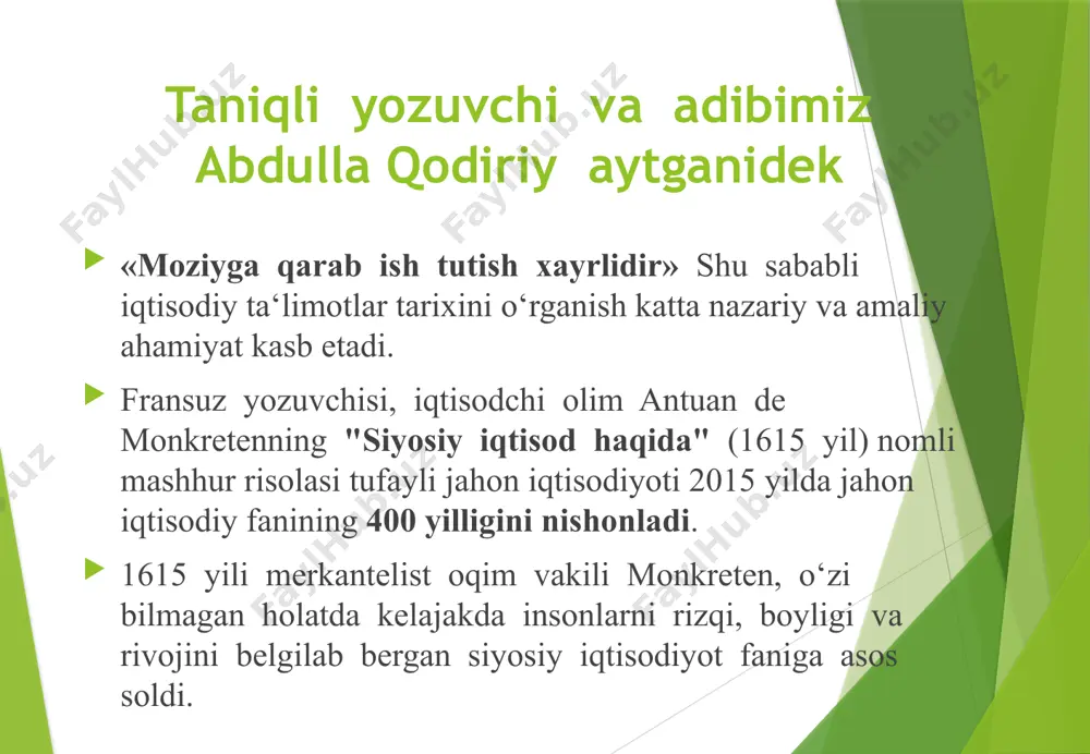 atning boyligi qishloq xo‘jaligida vujudga keladi, degan g‘oyani ilgari suradilar. bu ta‘limotning asoschisi fransua kene (1694-1774) hisoblanadi. fiziokratlar maktabi feodalizmdan kapitalizmga o`tish davrida rivojlandi, bu iqtisodiy yo`nalish fransiyada vujudga keldi fiziokratlar (lotincha physio - tabiat va kratos - hokimiyat) xviii asrda fransiyada ijod etgan klassik iqtisodiy maktab namoyandalaridir. klassik siyosiy iqtisod klassik siyosiy iqtisod - boylik faqat qishloq xo‘jaligida emas, balki sanoat, transport, qurilish va boshqa sohalarda ham yaratilishini isbotlab berdi. petti (1623-1686) boylikning manbayi yer va mehnat ekanligini e‘tirof etgan. «mehnat boylikning otasi, yer uning onasi», degan ibora unga tegishlidir. iqtisodiy ta‘limotlar tarixini o‘rganishda ma‘lum davrlash tizimidan foydalaniladi. taniqli iqtisodchi olim j.k.gelbreyt – amerikalik iqtisodchi. 1931-yilda toronto universitetini tugatgan. amerikaning qator universitetlarida dars bergan (1931-1942). 1943–1948-yillar „forchun“ („fortune“) jurnali muharriri, 1949-yildan harvard universiteti proffessori, iqtisodiyotga davlatning aralashuvi tarafdori. golbreyt monopoliyalar faoliyatini boshqarish yoʻli bilan talab va taklif oʻrtasidagi muvozanatni yaratishda davlat asosiy oʻrinda turadigan „muvozanatlovchi kuchlar“ nazariyasini ilgari surdi. …