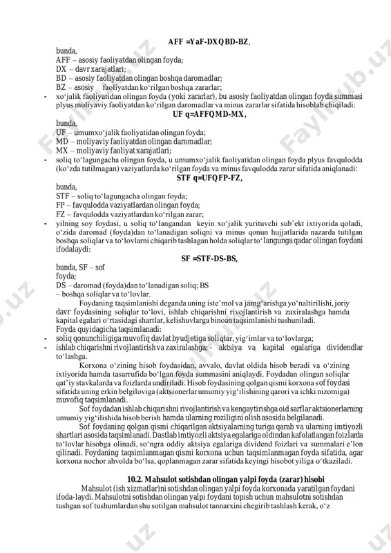 iyorida qoladigan sof foyda korxonaning ishlab chiqarish faoliyatini kengaytirishni, korxonaning ilmiy-texnik va ijtimoiy rivojlanishini, xodimlarni moddiy rag‘batlantirishni moliyalashtirish uchun yetarli bo‘lishi kerak. 2. foyda turli darajadagi byudjetlarni rag‘batlantirish manbalaridan biri bo‘lib hisoblanadi. u soliqlar ko‘rinishida byudjetlarga kelib tushadi va boshqa daromad tushumlari bilan bir qatorda ijtimoiy ehtiyojlarni qondirishni moliyalashtirish, davlat tomonidan o‘z faoliyatini bajarishni ta’minlash, davlatning investitsiya, ishlab chiqarish, ilmiy-texnik va ijtimoiy dasturlarini amalga oshirish uchun ishlatiladi. bozor iqtisodiyoti sharoitida foydaning ahamiyati juda katta. foyda olishga intilish tovar ishlab chiqaruvchilarni iste’moliga kerak bo‘lgan mahsulot ishlab chiqarish hajmlarini oshirishga, ishlab chiqarishga ketadigan xarajatlarni kamaytirishga undaydi. erkin raqobat sharoitida bu orqali nafaqat tadbirkorlarning maqsadiga, balki ijtimoiy ehtiyojlar qondirilishiga ham erishiladi. zararlarning ham o‘z o‘rni bor. ular mablag‘larni yo‘naltirishda, ishlab chiqarishni tashkil qilishda va mahsulotni sotishdagi xatolarni yoritib beradi. foydaga iqtisodiy kategoriya sifatida qaraganda, u haqda abstrakt holda gapiriladi. lekin korxonaning xo‘jalik va moliyaviy faoliyatini rejalashtirishda hamda baholashda, korxona ixtiyorida qolgan foydani taqsimlashda …