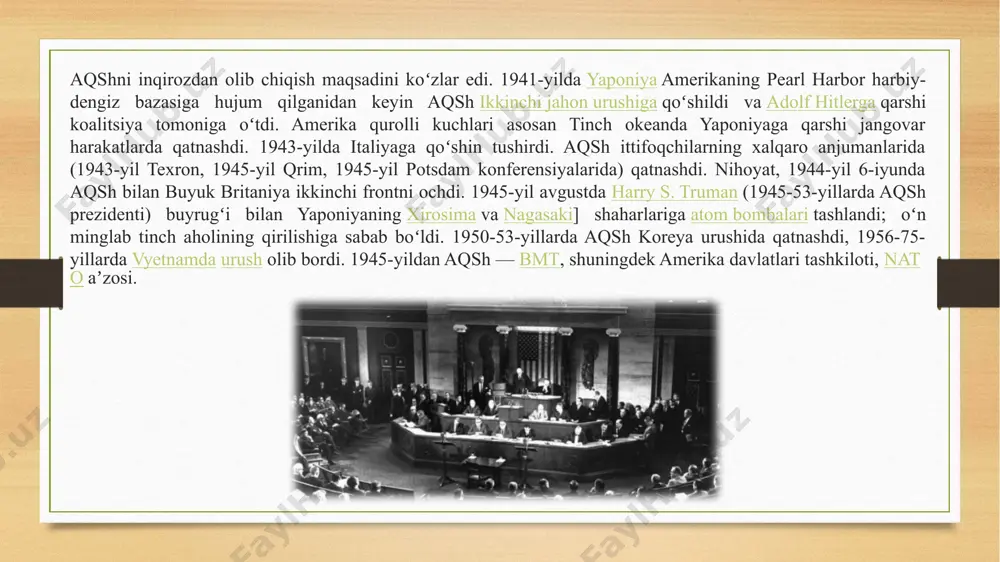 anoat va qishloq xoʻjaligi ishlab chiqarish hajmi, tovar va kapital eksport qilish, ishlab chiqarishning tuplanish va markazlashuvi, ilmiy tadqiqotlarga sarf-xarajat va sh.k. boʻyicha 1-oʻrinda turadi. butun dunyodagi sanoat ishlab chiqarishning uchdan bir qismi aqsh ulushiga toʻgʻri keladi. xalqaro boshqaruv taraqqiyoti instituti oʻtkazgan tadqiqot maʼlumotlariga koʻra, 1994-96-yillarda iqtisodiy rivojlanish nuqtai nazaridan yetakchi davlatlar oʻrtasida ham aqsh birinchi oʻrinda turibdi. transporti ichki yuk tashishda temir yoʻl, avtomobil transporti, ichki suv transporti, dengiz transporti, havo transporti, gaz va neft quvurlari muhim ahamiyatga ega. asosiy dengiz portlari: nyu-york, filadelfiya, baltimor, yangi orlean, xyuston, san-fransisko, buyuk koʻllarda — chikago, dulut. aviatsiya qatnovi asosiy uzellari — nyu york, chikago, atlanta, los anjeles, mayami, dallas. tashqi savdosi dunyoning turli mamlakatlariga bevosita mablagʻ sarflash koʻpayib bormoqda. eksportda ham, importda ham tayyor mahsulot ustun. aqshdan sanoat va energetika mashina-uskunalari, transport vositalari, kimyo tovarlari, toʻqimachilik va qogʻoz mahsulotlari, koʻmir, oziq-ovqat va yembop don, soya, paxta, tamaki va boshqa mahsulotlar chiqariladi; …