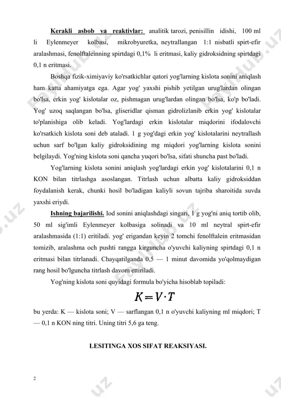 uyidagi formula bo'yicha hisoblab topiladi: bu yerda: k — kislota soni; v — sarflangan 0,1 n o'yuvchi kaliyning ml miqdori; t — 0,1 n kon ning titri. uning titri 5,6 ga teng. lesitinga xos sifat reaksiyasi. 3 ta probirka olib biriga lesitinning spirtli eritmasi (1—2 ml), ikkinchisiga xolesterinning xloroformli eritmasi, uchinchisiga o'simlik moyi quyiladi. har uchala probirkaga 0,5—1,0 ml dan kadmiy xloridning spirtli eritmasidan qo'shiladi. 1-probirkada loyqa hosil bo'ladi. 2—3-probirkalardagi suyuqlik loyqalanmaydi. a) lesitinni gidrolizlash kerakli asbob va reaktivlar: suv hammomi, shtativ, asbest to'ri, shisha tayoqcha, tigel, shpatel, gaz gorelkasi yoki spirt lampa, 10% li natriy gidroksidning eritmasi, 10% li xlorid kislotaning eritmasi, kaliy gidrosulfat kukuni, kaliy nitrat kukuni, natriy karbonat kukuni, konsentrlangan nitrat kislota, molibdat reaktivi. lesitinga ishqor eritmasi qo'shib qizdirilsa, gidrolizga uchrab gliserin, yog' kislota, fosfat kislota va xolin hosil bo'ladi: yog’ kislotalari fosfat kislota xolin gidroliz prosessida hosil bo'lgan gliserinni akroleinga xos reaksiya yordamida aniqlash mumkin. xolin …