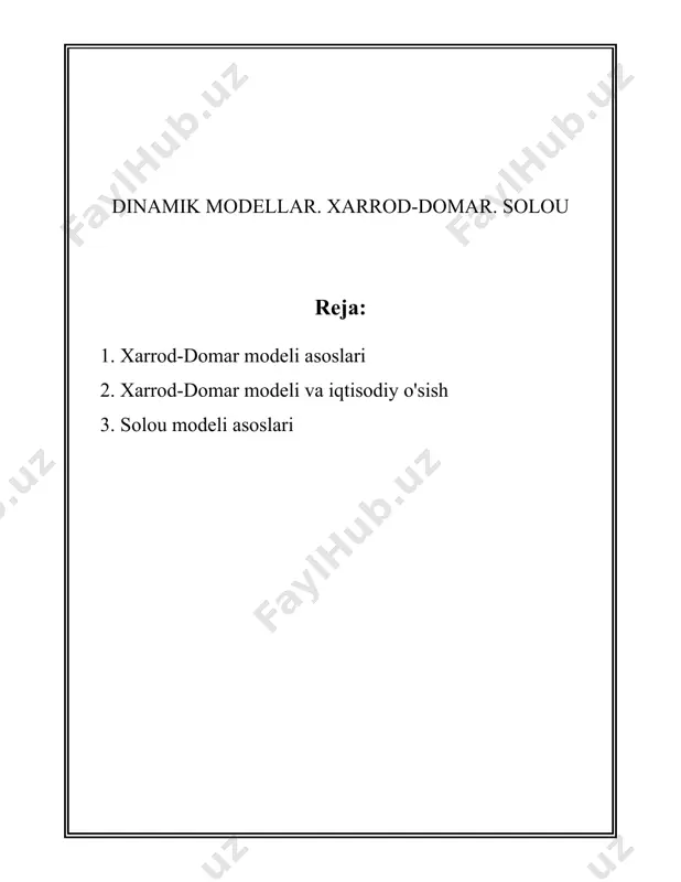 uchun, \(v = 3\) bo'lsa, bu har 3 birlik kapital sarmoyasi bir birlik qo'shimcha output hosil qiladi degani. xarrod-domar modelining asosiy ta'rifi investitsiya foizi va kapital-output koeffitsienti orqali o'sish darajasini tushuntiradi. iqtisodiyotda yuqori o'sish sur'atiga erishish uchun investitsiyalarning ko'p foizi talab etiladi yoki kapital-output koeffitsienti past bo'lishi kerak (bu samarali sarmoya demakdir). model iqtisodiy o'sish darajasini matematik jihatdan ifodalagan bo'lsa-da, u bir qancha cheklovlarga ega: 1. xarrod-domar modelida texnologik o'zgarish va innovatsiya kabilar e'tibordan chetda qoladi. iqtisodiy rivojlanish uchun faqat sarmoya etarli bo'lmaydi, balki texnologiyalar, ishchilarning malakasi kabi omillar ham zarurdir. 2. model sobit koeffitsientlar (s, v) ni asos qilib oladi, ammo amaliy hayotda ular o'zgarib turishi mumkin. xarrod-domar modeli ko'plab rivojlanayotgan mamlakatlarga iqtisodiy siyosatni ishlab chiqishda yo'naltirish berishi mumkin. ayniqsa, sarmoya jalb qilinishi yoki mavjud kapital samaradorligini oshirish orqali iqtisodiy o'sish qay darajada ta'minlanishi mumkinligi haqidagi qoʻshimcha tahlillar ularni qiziqtirishi mumkin. model xxi asr o'rtalariga kelib o'rniga boshqa murakkabroq …
