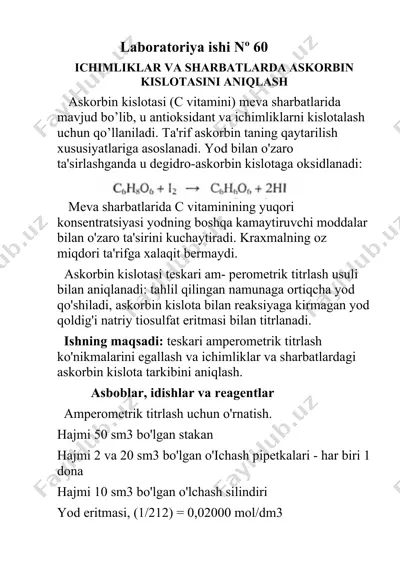 askorbin kislotani va og‘ir metallarni laboratoriya tahlil usullari — DOCX