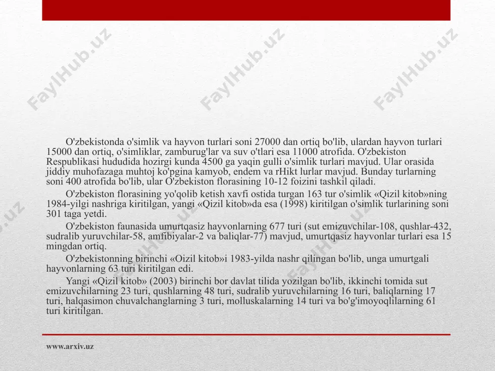 onlari tabiiy sabablarga yoki antropogen omillari ta'siri ostida qisqarib ketayotgan turlar kiradi. mazkur risolaga samarqand viloyati hududida uchraydigan va o'zbekiston respublikasi «qizil kitob»iga kiritilgan noyob va yo'qolib borayotgan, inson muhofazasiga muhtoj o'simlik va hayvon turlari to'g'risidagi ma"lumotlar matnlari o'zgartirishlarsiz kiritildi. o'zbekistonning tabiiy sharoitlari rang-barang (har xil tipdagi cho'llar, adirlar, o'rmonlar, madaniy landshaftlar) bo'lganligi tufayli o'simlik va hayvonot olami ham xilma-xildir. respublikamizda o'simliklar va hayvonot dunyosini asrab-avaylash borasida bir qancha ishlar amalgam oshirilmoqda. jumladan 1997-yilning 26-dekabrida o'zbekiston respublikasi oliy majlisi tomonidan «orsimlik dunyosini muhofaza qilish va undan ratsional foydalanish» va «hayvonlar dunyosini muhofaza qilish va undan ratsional foyda!anish» qonunlari qabul qilindi. tabiiy xilma-xillikni asrash dastlab uni chuqur bilishdan boshlanadi. shunday ekan, respublikamizda uchraydigan va o'zbekiston respublikasi «qizil kitobi»ga kiritilgan o'simlik va hayvon turlari to'g'risidagi ma"lumotlar ko'pchilik tabiatni sevuvchi yurtdoshlarimizni albatta, qiziqtirishi, shubhasiz. www.arxiv.uz adabiyotlar ro`yxati: 1. karimov i. a. «o`zbekiston xxi asr bo`saasida: xavfsizlikka tahdid, barqarorlik shartlari va taraqqiyot kafolatlari» toshkent. …