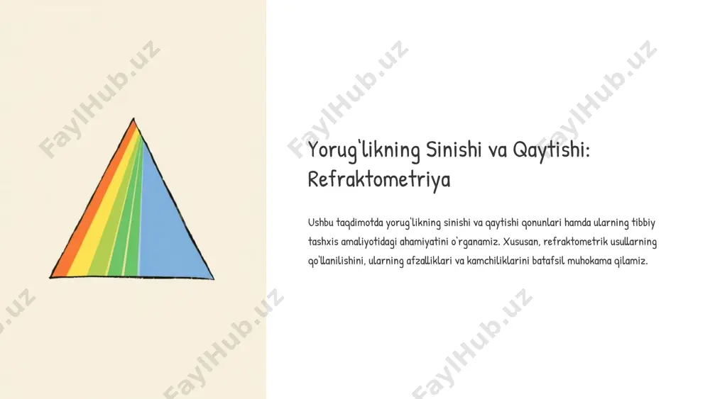 siydikning suvga nisbatan og‘irligini ko‘rsatadi. bu ko‘rsatkich buyrak faoliyatini baholashda muhim ahamiyatga ega. refraktometriya yordamida siydikning zichligini tez va aniq o‘lchash mumkin. 2 qonda oqsil miqdorini aniqlash qonda oqsil miqdori bir qator kasalliklar, masalan, jigar kasalliklari, buyrak kasalliklari va oziqlanish muammolari haqida ma'lumot beradi. refraktometriya qonda oqsil miqdorini aniqlashda samarali usul hisoblanadi. 3 qonda glyukoza miqdorini aniqlash qonda glyukoza miqdori diabet kasalligi va boshqa metabolik kasalliklarni aniqlashda muhim ahamiyatga ega. refraktometriya glyukoza miqdorini tezkor va aniq aniqlashda foydalanish mumkin. 4 bodaning gidratatsiyasi holatini aniqlash bodaning gidratatsiyasi holati uni suv bilan to‘lganligi darajasini bildiradi. dehidratatsiya turli xil kasalliklarga, masalan, diareya, qusish, isitma va boshqalarga olib kelishi mumkin. refraktometriya yordamida bodaning gidratatsiyasi holatini aniqlash mumkin. 6 refraktometriya usulining afzalliklari tezlik va qulaylik refraktometriya usuli juda tez va qulaydir. o‘lchash jarayoni oddiy va kam vaqt talab etadi. aniqlik refraktometriya yuqori aniqlik bilan natijalar beradi. natijalar ko‘pincha boshqa laboratoriya testlari bilan mos keladi. arzon …