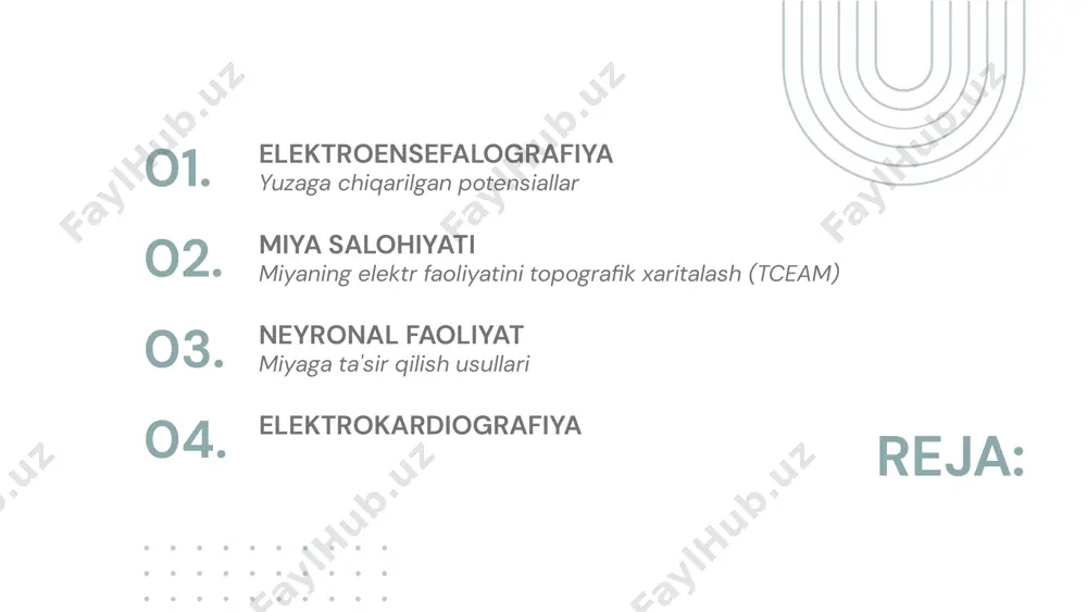 n nisbatan katta amplituda edi. alfa to'lqinlari ularni yuqori amplatudali "beta to'lqinlari" dan ajratib, bu esa insonning yanada faol holga kelishi bilan namoyon bo'lishini qayd etdi. biotokslarini ro'yxatga olish tahlil qilish sharhlash eegning eng hayratlanarli xususiyatlaridan biri uning spontan, avtonom tabiati. miyaning muntazam elektr faoliyati allaqachon xomilada (ya'ni tananing tug'ilishidan oldin) aniqlanishi mumkin va faqat o'lim boshlanishi bilan to'xtaydi. chuqur koma va behushlik bilan ham miya to'lqinlarining o'ziga xos xususiyati aniqlash imkoniyati mavjud. eng istiqbolli ham eng kam ma'lumot eeg tahlillari kompyuter yordamida amalga oshiriladi. ro'yxatdan o'tish shartlari va eeg tahlil usullari. statsionar majmuada bo`lishi zarur: tovush o'tkazmaydigan ekranli kamera miyadagi elektr to`lqinlar o’rganish uchun jihozlangan joy monogokanal kuchaytirgichlar ro'yxatga olish uskunalari (murakkab ensefalograf, ko'p kanalli magnitafon) odatda 8 dan 16 eeg ro'yxatga olish kanallariga bir vaqtning o'zida bosh suyagi yuzasining turli qismlaridan foydalaniladi. maxsus dasturiy ta'minot kerak. eeg chastotasida ritmik tarkibiy qismlarning quyidagi turlari farqlanadi: delta ritmi (0,5-4 hz); …