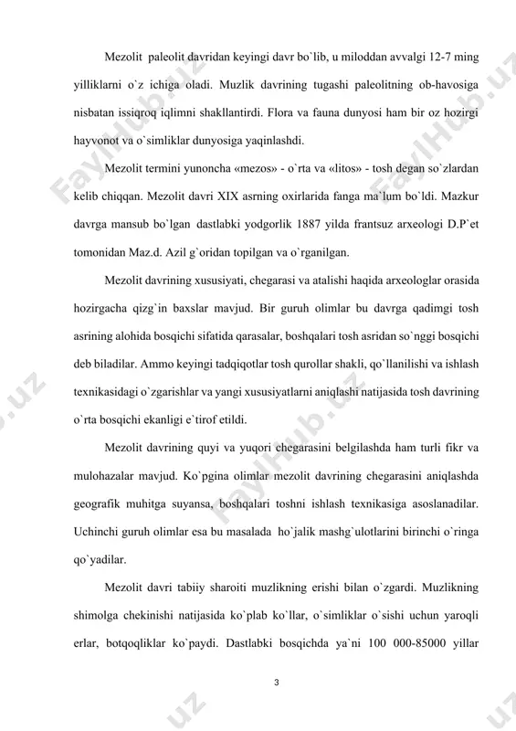 oltiq dengizi va shimoliy evropa ko`llari hozirgi qiyofaga keladi. muzlik siljishi (muzlik yiliga taxminan 160 metr siljigan.) bilan odamlar ham shimol tomon harakat qiladi. mezolit davriga kelib o`rta osiyoda sigment, trapetsiya va uchburchak shaklidagi mayda qurolchalar – mikrolitlar paydo bo`ladi. bu qurollardan odamlar kesish va o`rish maqsadlarida, pichoq va o`roq sifatida keng foydalanganlar. mezolit davrining eng katta kashfiyoti va yutuqlaridan biri – kamalak va o`qning kashf etilishi edi. kamalak va o`q-inson kashf etgan eng dastlabki murakkab moslama bo`lib, u insoniyatning uzoq davom etgan mehnat tajribasi va zakovatining natijasi bo`ldi. o`q yoyning kashf etilishi mezolit davri ishlab chiqaruvchi kuchlarining o`ziga xos inqilobi edi. avval otiladigan (uloqtiriladigan) qurollar ishlatilar edi. u ma`lum ma`noda jismoniy kuch talab etgan. yangi sharoitda esa ming yillar davomida shakllangan ov madaniyati o`zgaradi. ov ob`ekti ham shunga mos holda o`zgarishi tufayli yangi qurolga ehtiyoj sezila boshlaydi. mezolit davrida kichik hayvonlarning tarqalishi ov usulining o`zgarishiga olib keladi. o`q-yoyning paydo …