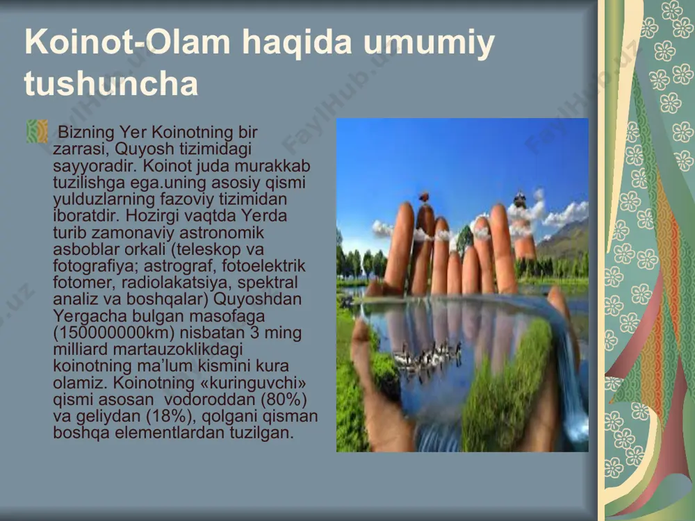 ish masalasini ko'ndalang qo'ymoqda. har bir inson tabiatdan bahra oladi. ammo bu hali tabiatga muhabbat degani emas. tabiatga muhabbat uni tushunishdan, uning go'zalliklarini anglashdan, tabiat bilan munosabatga kirishishdan boshlanadi. o'z navbatida, tabiat insonda kuzatuvchanlik, sezgir-lik, nazokatlilik kabi tuyg'ularni tarbiyalaydi. bu — insonda ikki ko'rinishda: tabiatga va o'ziga bo'lgan munosabatlarda namoyon bo'ladi. inson tabiatdan faqat zavqlanishni emas, balki uni yaxshi tushunishni ham o'rganadi. natijada, o'zligini his qilib, tabiatdan unga inson bo'lish imkonini bergan «narsa»ni, ya'ni insonga xos madaniyat hislarini topishga intiladi. demak, insoniy tuyg'ular tabiatga mehr bilan qarashdan oziq oladi. insоniyatning hоzirgi kundаgi shiddаtli ho’jаlik fаоliyati оqibаtidа tаbiаt, аtrоf muhit o’zgаrib, o’zlаshtirilib bоrmоqdа. bu o’zlаshtirishlаr nаtijаsidа tаbiiy muvоzаnаt qоnunlаri buzulishi ro’y bеrishi mumkin vа insоniyatgа turlichа аziyat еtkаzilаdi. vujudgа kеlgаn glоbаl ekоlоgik muаmmоlаr insоniyatning еr yuzidаgi hоlаtini hаvf оstidа qоldirishi mumkin. bungа аsоsiy sаbаb еrdа аhоli sоnining tеz o’sishi vа ishlаb chiqаrish mаsshtаbini kundаn kungа оrtib bоrishidir. jamiyat va tabiat birligini …
