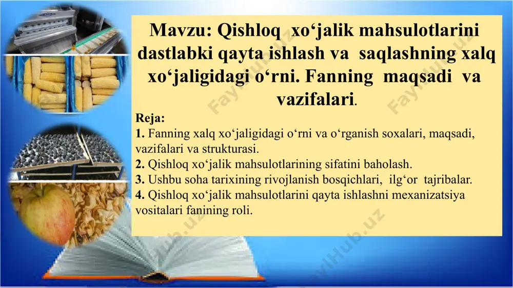 rezidentining 2017 yil 20 oktyabrdagi “respublikada oziq-ovqat xavfsizligini ta’minlash” va “o'zbekoziqovqatzahira» uyushmasi faoliyatini yanada takomillashtirishga doir qo'shimcha chora-tadbirlar to'g'risida” dagi pq; 3344-sonli qarorida ixtisoslashtirilgan yangi omborxonalar, kartoshka saqlash joylari va sovitish kameralarini qurish, saqlash binolarini rekonstruksiyalash va modemizatsiyalash, shuningdek, oziq-ovqat tovarlarini qayta ishlash va qadoqlash bo'yicha zamonaviy, yuqori texnologiyali, energiyadan samarali foydalanadigan uskunalarni faol joriy etish yo'li bilan meva-sabzavot mahsulotlarini saqlashning moddiy-texnika bazasini mustahkamlash vazifalari yuklatilgan. soʻnggi 20 yil ichida dunyo miqyosida meva-sabzavot yetishtirish va iste’mol qilish sur’atlari yiliga o’rtacha 5-7% ga ortib bormoqda. o’zbekiston nafaqat o’z aholisini meva-sabzavot mahsulotlariga bo‘lgan talabini qondiribgina qolmay, balkim ko‘plab qishloq xo’jaligi mahsulotlarini eksport qilib,bu sohada salmoqli potensialga ega. respublikada yiliga 22 million tonnadan ortiq meva-sabzavot, poliz mahsulotlari yetishtirilib, ularning 850 ming tonnaga yaqin qismi eksportga chiqariladi. hozirgi vaqtda respublikada 160 mingdan ortiq fermer xo’jaliklari faoliyat ortib borib, ular ichki va tashqi bozorni sifatli meva-sabzavotlarga bo’lgan talabini qondirib borishmoqda. qishloq xo‘jaligi mahsulotlarini qayta ishlashni …