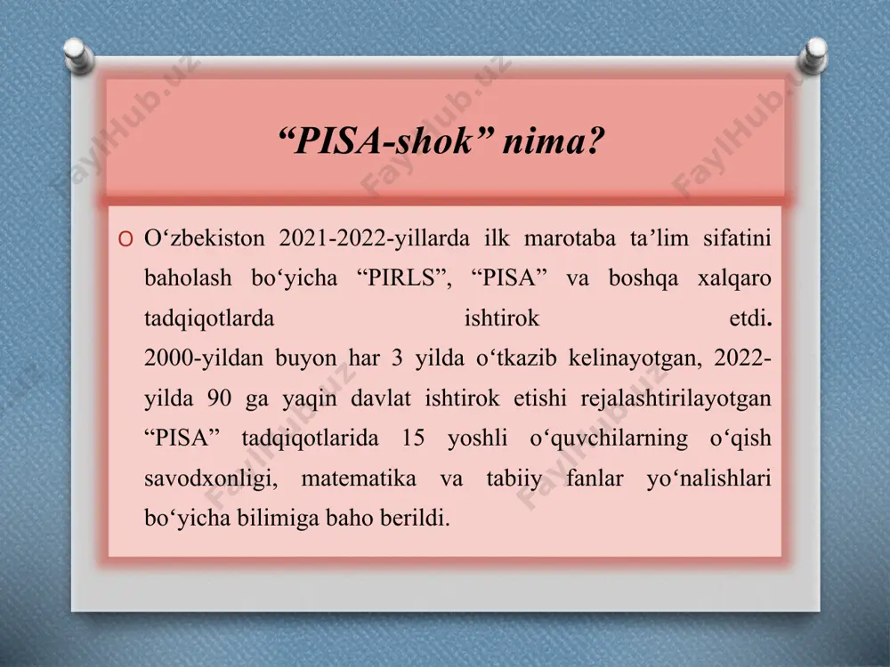 isa-shok” deb nomlangan. shundan soʻng, germaniya taʼlim sohasida bir qator islohotlar amalga oshirilgan va taʼlim sifatida oʻsish kuzatilgan. germaniyalik oʻquvchilar: 2006-yilda oʻtkazilgan tadqiqotlarda 57 ta davlat oʻrtasida 14-oʻrinni, 2015-yilda 71 ta davlat oʻrtasida 13-oʻrinni hamda 2018-yilda 79 ta davlat oʻrtasida 17-oʻrinni egalladi. xalqaro tadqiqotlarga munosib tayyorgarlik koʻrishda bir paytlar “pisa-shok”ni boshidan oʻtkazgan va taʼlim sifatini yaxshilash boʻyicha oʻz vaqtida amalga oshirilgan islohotlar sabab, bugungi kunda ushbu tadqiqotlarda yuqori natijalarni qayd etib kelayotgan davlatlar tajribasini oʻrganish va tahlil qilish muhim ham ahamiyat kasb etadi. shu maqsadda, 2020 yilning 9-oktyabr kuni taʼlim inspeksiyasi huzuridagi taʼlim sifatini baholash boʻyicha xalqaro tadqiqotlarni amalga oshirish milliy markazi tomonidan bremen universiteti (germaniya), texnika va taʼlim instituti kasb-hunar va mehnat bozori loyihalari koordinatori akromjon matkarimov ishtirokida “germaniyada “pisa-shok” dasturi va uning taʼlim tizimiga taʼsiri” mavzusida xalqaro onlayn vebinar tashkil etildi. shu oʻrinda taʼkidlash joizki, taʼlim inspeksiyasi taʼlim sifati baholash va nazorat qilish boʻyicha ilgʻor xorijiy davlatlarning tajribasini …