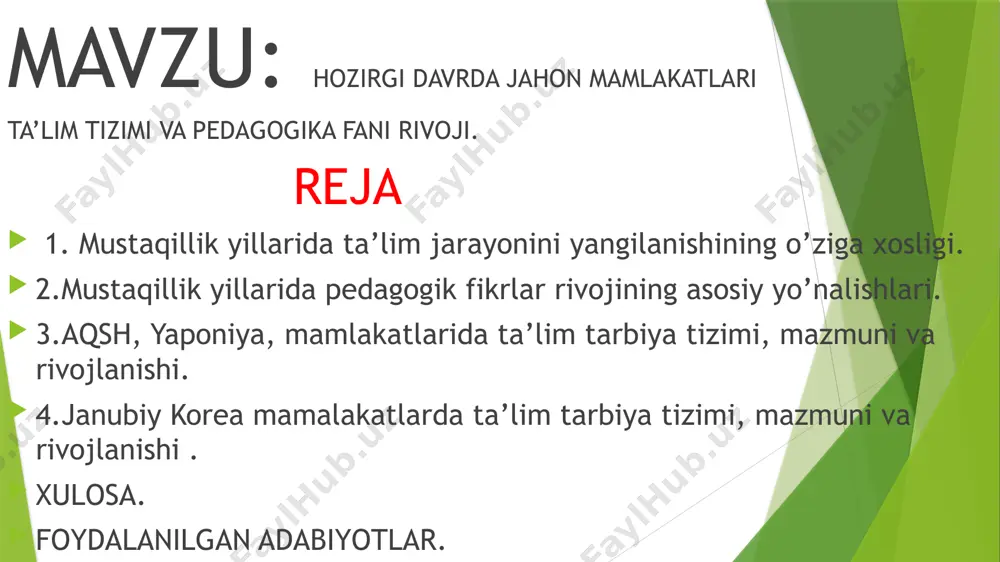 oshlar tashkil etishini hisobga oladigan bo’lsak, bu islohotlarning roli va ahamiyati o’z-o’zidan tushunarli va ravshan bo’ladi. qabul qilingan dasturga muvofiq, mamlakatimizda 9+3 sxemasi bo’yicha 12 yillik umumiy majburiy bepul ta’lim tizimi joriy etildi. yurtimizda amalga oshirilayotgan modelning prinsipial xususiyati avvalo shundaki, umumta’lim maktabidagi 9 yillik o’qishdan so’ng o’quvchilar keyingi 3 yil davomida ixtisoslashtirilgan kasb-hunar kollejlari va akademik litseylarda ta’sil olib, ularning har biri umumta’lim fanlari bilan birga mehnat bozorida talab qilinadigan 2-3 ta mutaxassislik bo’yicha kasb-hunarlarni ham egallaydi. ta’kidlash joizki, o’zbekistonda 12 yillik ta’lim barcha uchun majburiy va bepul ekani qonunlarimizda belgilab qo’yilgan. bu o’sib kelayotgan yangi avlodimiz 12 yillik majburiy ta’lim olish bilan birga aniq mutaxassislik va kasb-hunarga ega bo’lishini taqozo etadi. bu, ayniqsa, qizlarimiz uchun muhimdir. biz bunda har qaysi yangi tashkil bo’layotgan yosh oilada avvalo qizlarning o’zi tanlagan muayyan mutaxassislikka, kasb-hunarga, hayotda o’zining mustaqil fikri va qat’iy pozisiyasiga ega bo’lishi g’oyat muhim ahamiyat kasb etishini nazarda tutamiz. …