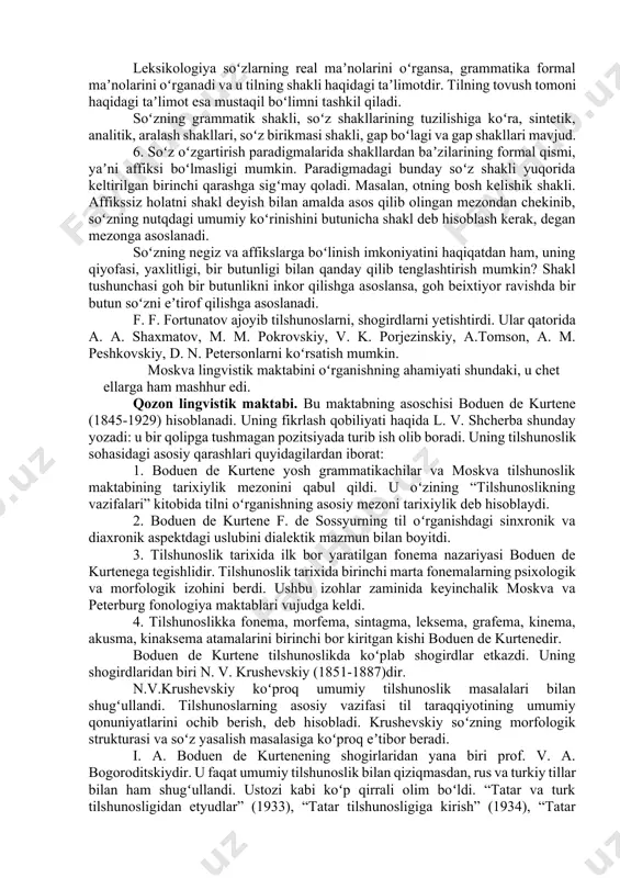 tovush evolyutsiyasi muammosi bilan shugʻullanadi. individual-psixologik pozitsiyada turuvchi yosh grammatikachilarga qarshi f. fortunatov tilning ijtimoiy xarakterini va til tarixining jamiyat tarixi bilan bogʻliqligini koʻrsatadi. f. f. fortunatov til va tafakkur birligiga katta eʼtibor berib, shu asosda tilni oʻrganishning aniq masalalarini yechadi. f. f. fortunatov soʻz strukturasi muammosini, grammatik nazariya talqinini berib, tilshunoslik taraqqiyotiga katta xizmat qildi. bundan tashqari, tildagi shakl haqida original taʼlimot yaratdi. moskva universitetida oʻqituvchilik qilib yurgan davrida oʻz maktabini yaratdi. f. f. fortunatovning eʼlon qilingan asarlari koʻp emas. uning qarashlari “hind-yevropa tillarining qiyosiy grammatikasidan bir necha sahifa”, “qiyosiy tilshunoslik”, “hind-yevropa tillarining qiyosiy morfologiyasi (turlanish va tuslanish)” kabi asarlarida oʻz ifodasini topgan. f. f. fortunatovning til va til hodisalari haqidagi qarashlari quyidagilardan iborat: 1. yosh grammatikachilar taʼsiri ostida tilning tashqi va ichki tarixi haqidagi taʼlimotni yaratdi. u bir tomondan tilni ijtimoiy hodisa deb, uning taraqqiyotini jamiyat taraqqiyotida koʻrsa, ikkinchidan, tilni har bir shaxsning individual faoliyati bilan bogʻlaydi. 2. …