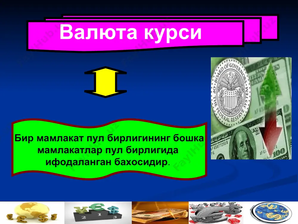 траны. котировка (quotation) — курс валюты на определенный момент времени. 33. обменные курсы валют глава 5. экономика мира * 33. обменные курсы валют котировки валютного курса котировка прямая (direct) косвенная (indirect) кросс-курс (cross-rate) 33. обменные курсы валют глава 5. экономика мира * 33. обменные курсы валют прямая котировка (direct quotation) — количество единиц национальной валюты за единицу иностранной валюты. 1 доллар = 26 рублей 33. обменные курсы валют глава 5. экономика мира * 33. обменные курсы валют косвенная котировка (indirect quotation) — количество единиц иностранной валюты за единицу национальной валюты. 1 рубль = 0,04 доллара 33. обменные курсы валют глава 5. экономика мира * 33. обменные курсы валют официальный курс (official exchange rate) — котировка валютного курса центральным банком, используемая для составления бюджета, расчетов правительства с фирмами и гражданами, исчисления налогов и ведения бухгалтерского учета. 33. обменные курсы валют глава 5. экономика мира * 33. обменные курсы валют курсы покупки …