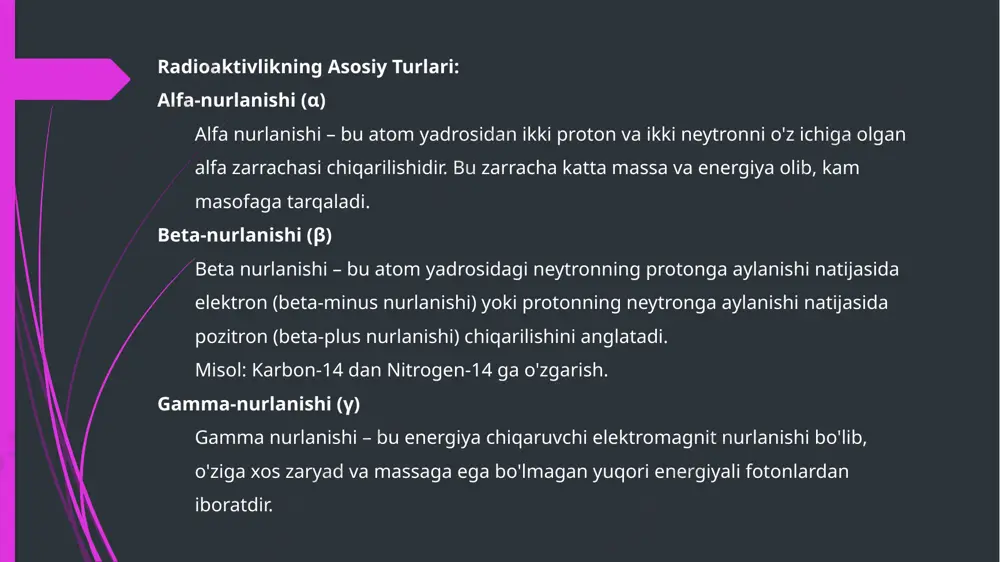 lanilsa, bombardimon atamasi sun’iy radioaktivlikda qo’llaniladi. bombardimon qilish jarayonida ishlatiladigan eng mos zarralar neytrondir. neytron zaryadsiz bo’lganligi sababli, u yadro tomonidan itarilmaydi va shu bilan osongina ta’sir qilishi mumkin. 04 radioaktiv moddalar 4-reja radioaktiv moddalar — tarkibida belgilangan radiatsiyaviy xavfsizlik normalari va qoidalarining eng kam qiymatidan ortiq aktivlikdagi radionuklidlar bo‘lgan har qanday agregat holatidagi yadroviy materiallarga tegishli bo‘lmagan moddala thank you add your name image1.png image2.jpeg image3.jpeg image4.jpeg image5.jpeg image6.jpeg image7.jpeg image8.jpeg image9.jpeg