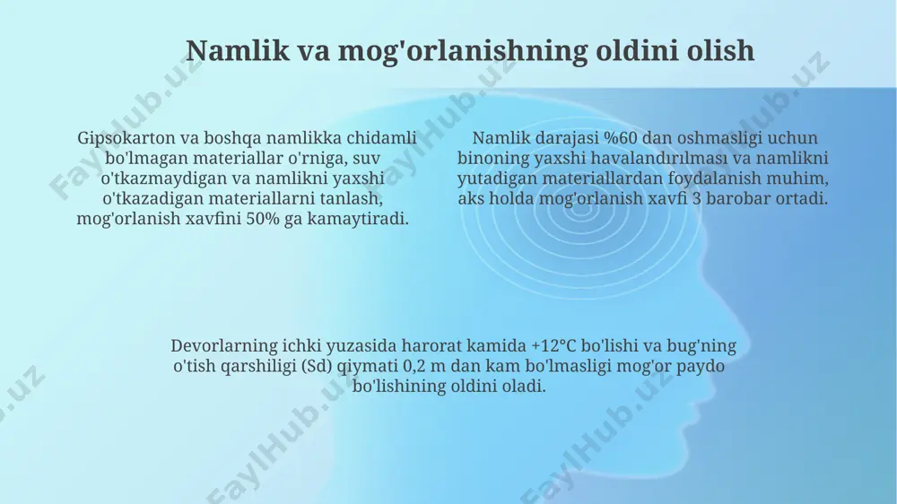 ik izolatsiyasi binoda namlikning to'planishini 15-20% kamaytiradi, bu qo'ziqorin va mog'or rivojlanishining oldini oladi, shu bilan nafas olish yo'llari kasalliklarining xavfini kamaytiradi. e'tiboringiz uchun rahmat @taqdimot_robot image1.png
