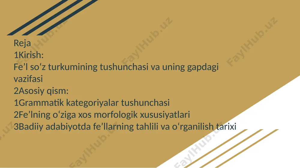 li va soʻzlarning inkorini va uning variantlari bilan; 2) sintaktik --- yoʻq , emas soʻzlari, na,-na,bogʻlovchisiz, -a, -ya yuklama feʼllar ish-harakatini biror shaxs yoki predmetga oʻtish yoki oʻtmasligini ifodalashiga koʻra; oʻtimli feʼllar - tushum kelishigidagi soʻzlar bilan bogʻlana oladigan feʼllar mas: bajarmoq oʻqidi, yozdi, soʻradi, tushuntirdi , kiyintirdi . oʻtimsiz feʼllar ---- tushum kelishigidagi soʻzlar bilan bogʻlana olmaydigan feʼllar; mas; yugurdi , jilmaydi , bordi , oʻtirdi, turdi , quvondi, chiqdi, bormoq , uxlamoq. feʼllarda 4ta grammatika bor shaxs-son zamon nisbat mayl shaxs-son ish harakatning bajaruvchisining shaxsi va sonini koʻrsatadigan qoʻshimchalar. 1varyantda birlik koʻplik men oʻqidim. biz oʻqidik sen oʻqiding siz -ngiz u oʻqidi u oʻqidilar 2varyantda birlik men oʻqiganman sen oʻqigansan u oʻqigan koʻplik biz oʻqiganmiz siz oʻqigansiz ular oʻqigan 3varyantda2varyantda birlik men oʻqiganman sen oʻqigansan koʻplik 2varyantda birlik men oʻqiganman sen oʻqigansan u oʻqigan koʻplik biz oʻqiganmiz siz oʻqigansiz ular oʻqigan 3varyantda birlik men oʻqiy, yozay sen oʻqigin …