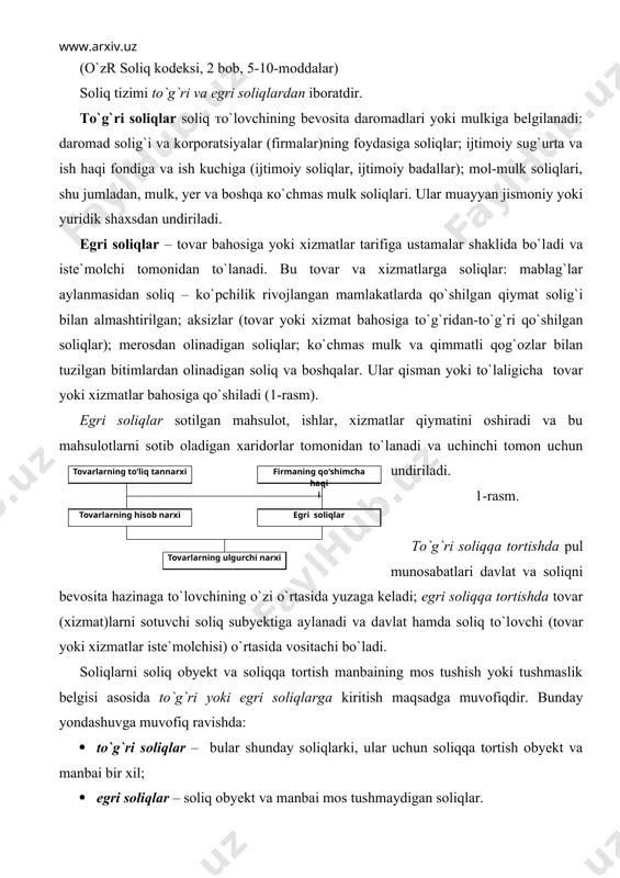 gan belgilarga qаrаb soliqlarning asosiy turlarini identifikatsiyalaymiz (2-rasm): 1. jismoniy shaxslarning daromadlaridan soliqlar. manba va obyekt bevosita mos keladi, demak, soliq – to`g`ri soliq. 2. korporatsiyaning foydasidan soliq. obyekt ham va manba ham soliqqa tortiladigan foyda, demak, soliq ( to`g`ri soliq hisoblanadi. 3. pul kapitalidan olingan daromadlardan soliq. to`g`ri soliqlar toifasiga kiritiladi, chunki soliqqa tortiladigan obyekt ham, manba ham bitta: dividendlar, obligatsiyalar bo`yicha foizlar, bankdagi omonatlar bo`yicha foizlar. 4. yer solig`i. yer solig`i deyarli hamma joyda yer maydoni birligidan undiriladigan absolyut summalarda hisoblanadi. soliqni to`lash manbai yer egasining joriy daromadlari, obyekt esa natura shaklidagi yer maydoni. bu soliqni egri soliq toifasiga kiritish to`g`ri bo`lаdi. 5. mol-mulk solig`i. soliqqа tortish obyekt yuridik va jismoniy shaxslarning qiymatdа ifodalangan mulki, ya`ni soliq тo`lоvchining moddiylashgan daromadi, manba esa ( joriy daromadi, demak, bu soliq egri soliqdir. 6. meros va hadya solig`i. soliqqа tortish obyekt – meros yoki hadya sifatida biror kishiga berilayotgan mulk, soliqni …