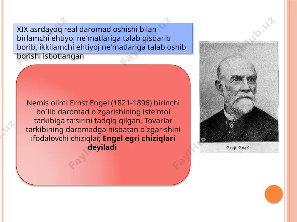 rasi iste′molchining sotib olishimkoniyatini oshganligini ko`rsatadi va u bir byudjet chizig`idan boshqa byudjet chizig`iga iste′molchining optimal tovarlar majmuasiga o`tishini aks ettiradi. almashish samarasi bu naflik darajasi o`zgarmaganda, tovarlar narxi o`zgarishi munosabati bilan iste′mol tovarlariga talab tarkibining o`zgarishidir. almashish samarasi x ne′mat narxini o`zgarishi natijasida y ne′matni qo`shimcha x ne′mat bilan almashtirilishini ifodalaydi. bualmashtirish befarqlik egri chizig`i tu1 bo`yicha bo`ladi. 4. yakka va bozor talabi oxirgi ustunda umumiy bozor talabi keltirigan va ular iste′molchilarning individual talablarini qo`shish orqali aniqlangan. masalan, oziq-ovqat narxi 1000 so`m bo`lganda, umumiy bozor talabi quyidagicha hisoblanadi: 4+6+8=18 quyidagi rasmda ushbu iste′molchilarning yakka talab chiziqlari va bozor talab chizig`i keltirilgan. bozor talabi chizig`i har bir iste′molchining berilgan narxlardagi talablarini qo`shish orqali hosil qilingan. bozor talabi chizig`ining har bir nuqtasi berilgan narxda uchta iste′molchi uchun qancha oziq-ovqat birligi kerakligini ko`rsatadi. yana shuni ta′kidlash lozimki, iste′molchilar talablariga ta′sir qiluvchi barcha omillar bozor talabiga ham ta′sir qiladi. masalan, iste′molchilar sonining oshib …